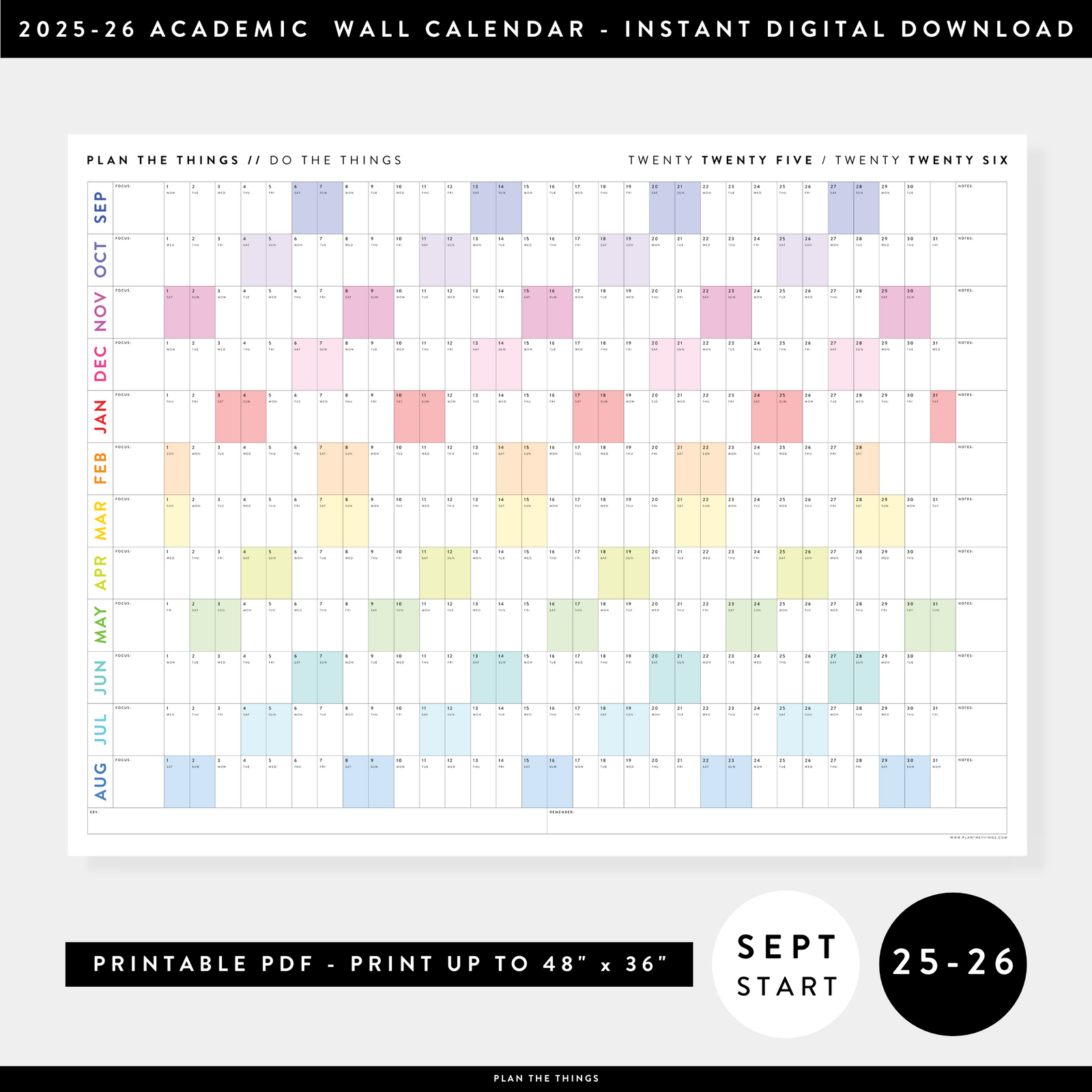 PRINTABLE 2025 - 2026 ACADEMIC WALL CALENDAR (SEPTEMBER START) | HORIZONTAL WITH RAINBOW WEEKENDS - INSTANT DOWNLOAD
