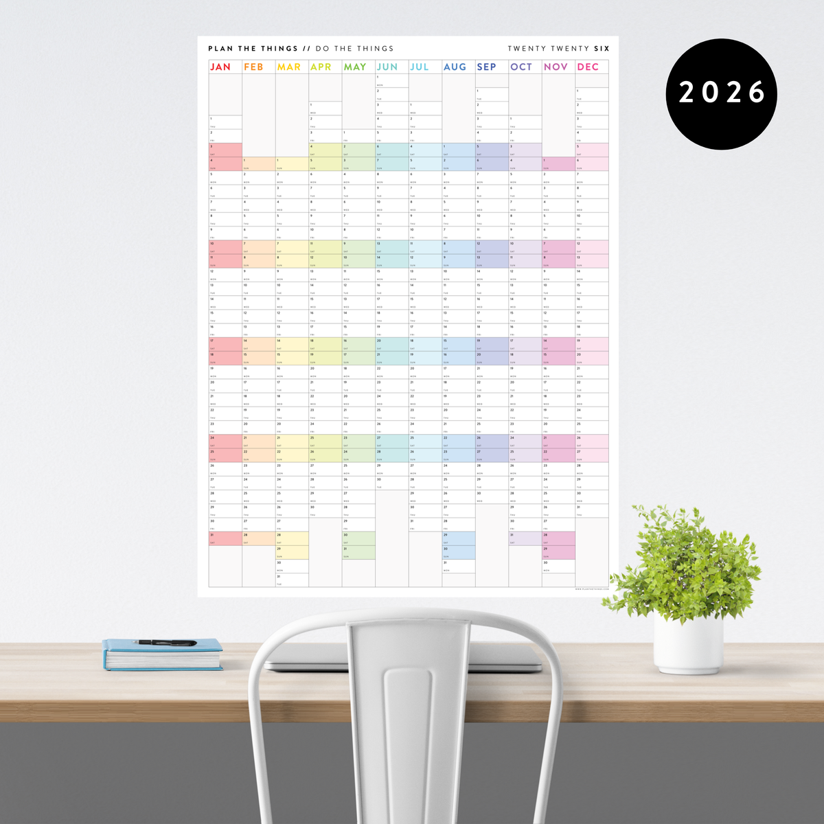 NEW! PRINTABLE VERTICAL 2026 WALL CALENDAR WITH ALIGNED RAINBOW WEEKENDS - INSTANT DOWNLOAD