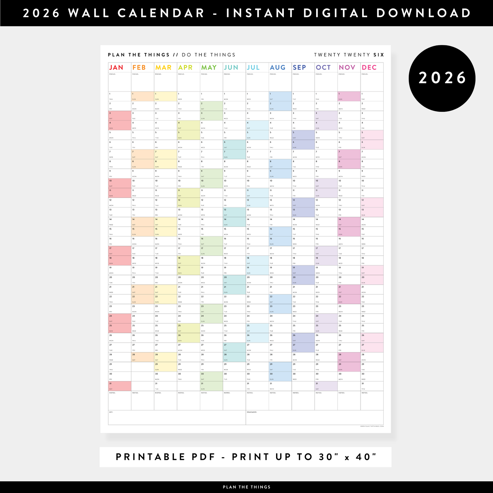 PRINTABLE VERTICAL 2026 WALL CALENDAR WITH RAINBOW WEEKENDS - INSTANT DOWNLOAD