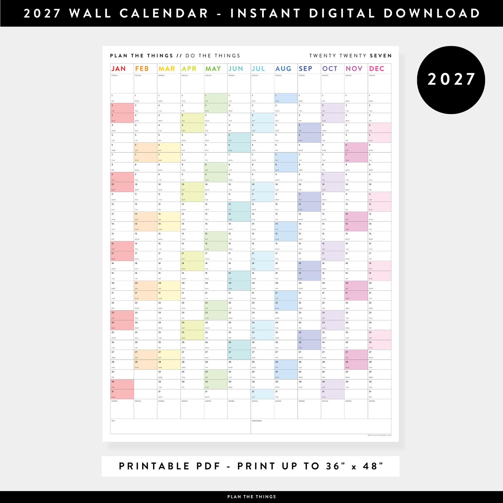 PRINTABLE VERTICAL 2027 WALL CALENDAR WITH RAINBOW WEEKENDS - INSTANT DOWNLOAD