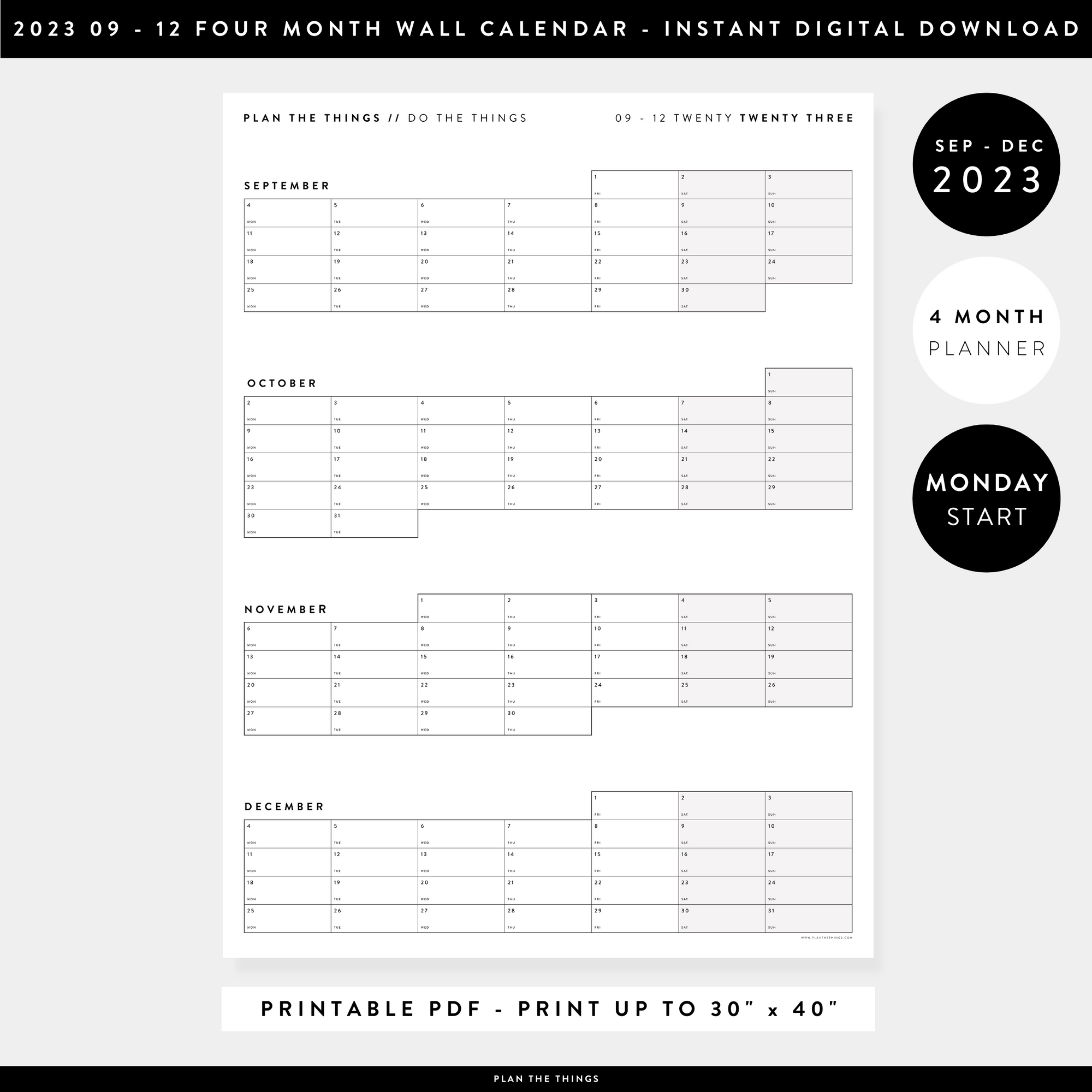 PRINTABLE 2023 FOUR MONTH WALL CALENDAR - SEPTEMBER - DECEMBER 2023 (GRAY) MONDAY START - INSTANT DOWNLOAD