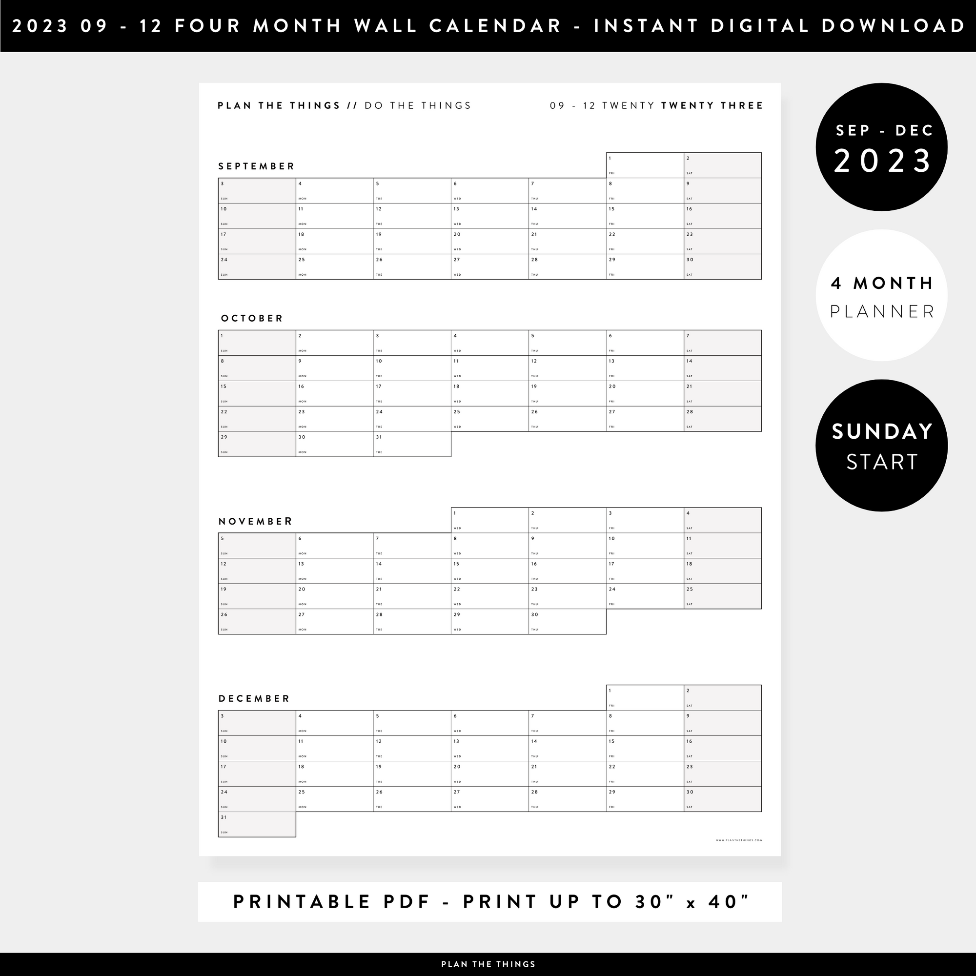 PRINTABLE 2023 FOUR MONTH WALL CALENDAR - SEPTEMBER - DECEMBER 2023 SUNDAY START - INSTANT DOWNLOAD (GRAY)