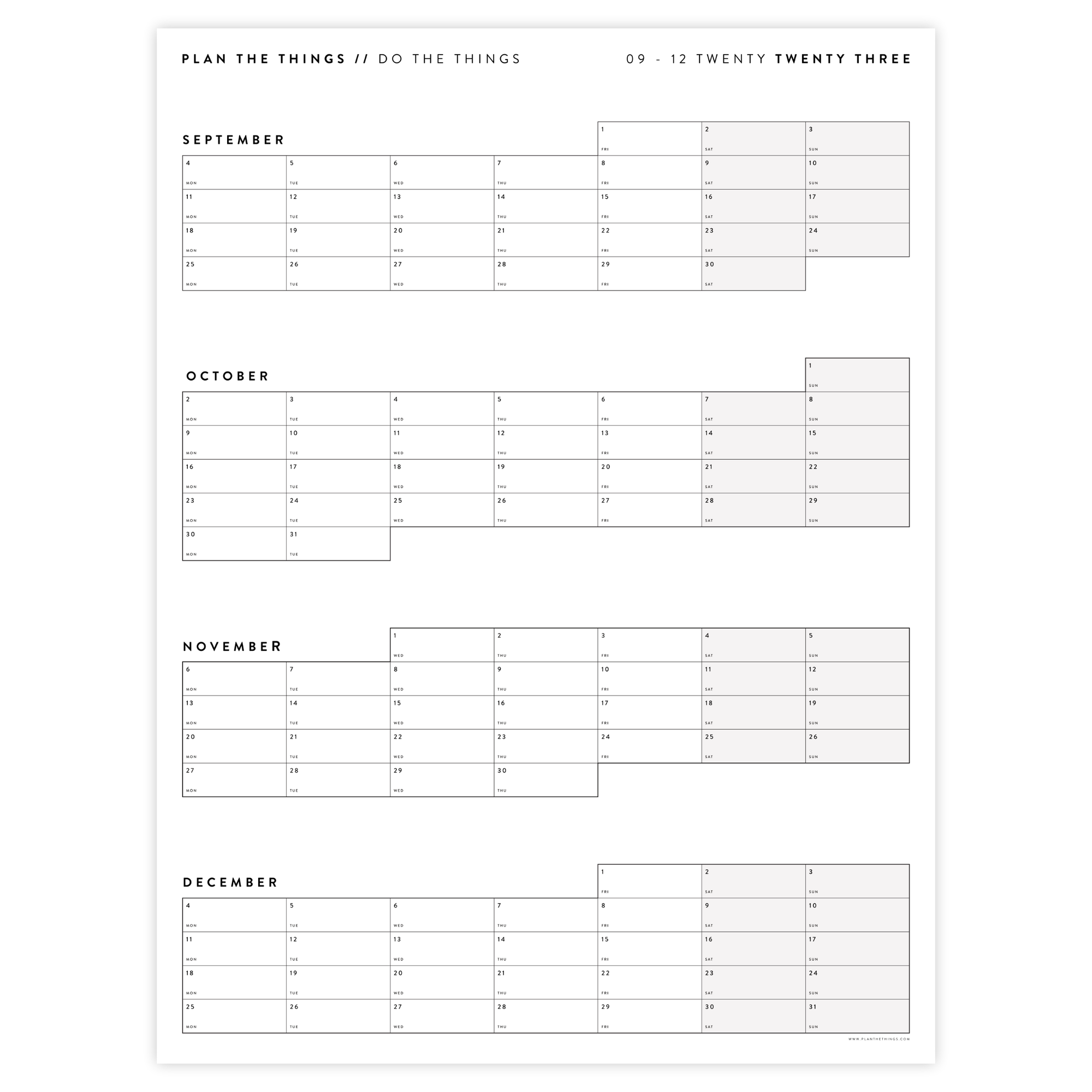 PRINTABLE 2023 FOUR MONTH WALL CALENDAR - SEPTEMBER - DECEMBER 2023 (GRAY) MONDAY START - INSTANT DOWNLOAD