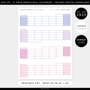 PRINTABLE 2023 FOUR MONTH WALL CALENDAR - SEPTEMBER - DECEMBER 2023 SUNDAY START - INSTANT DOWNLOAD (RAINBOW)