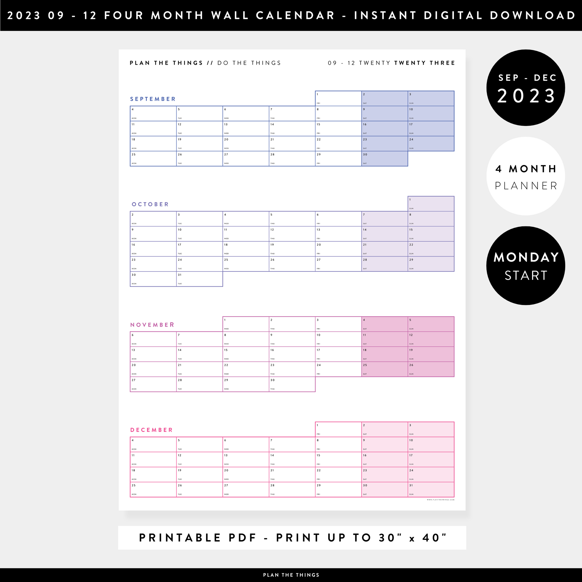 PRINTABLE 2023 FOUR MONTH WALL CALENDAR - SEPTEMBER - DECEMBER 2023 MONDAY START - INSTANT DOWNLOAD (RAINBOW)