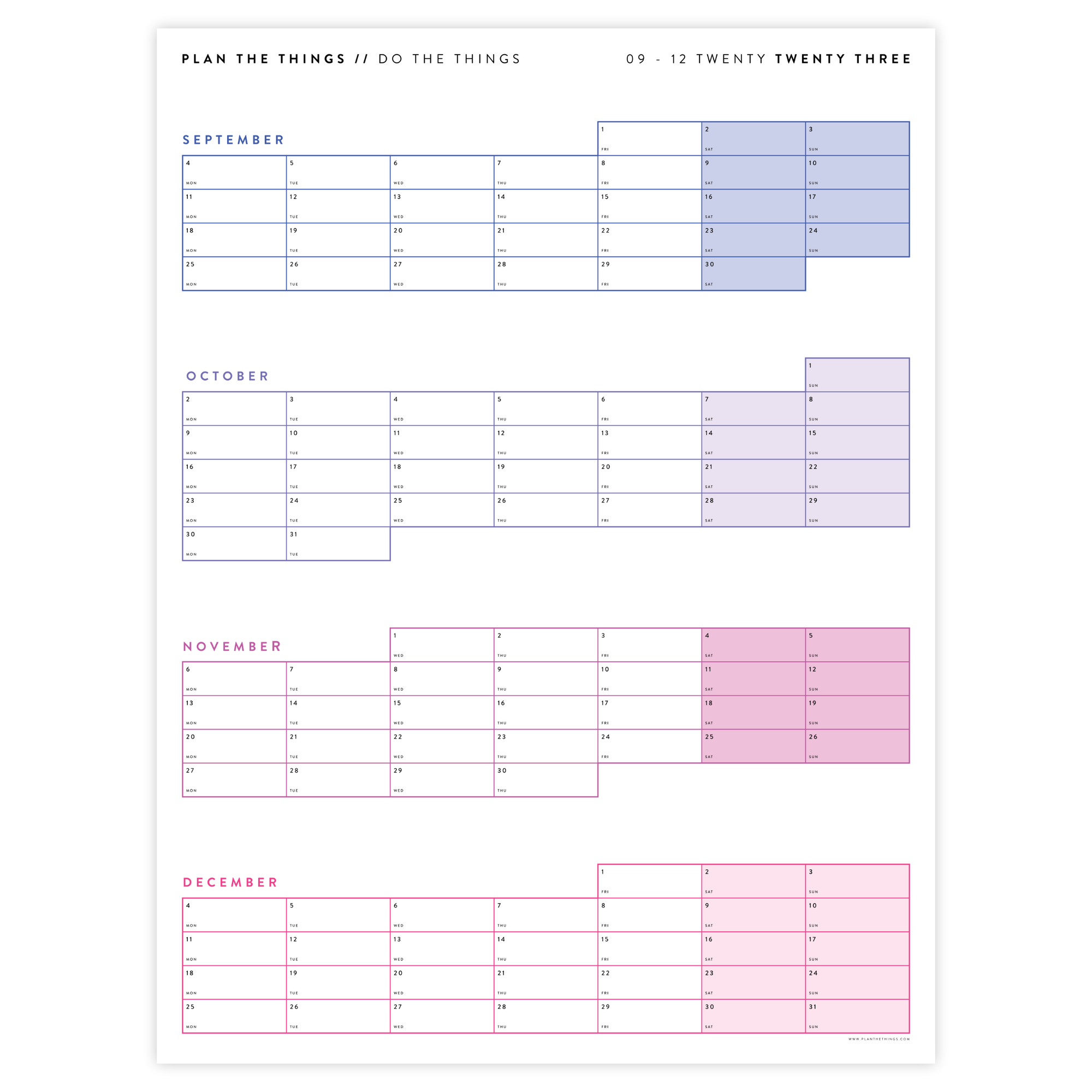 PRINTABLE 2023 FOUR MONTH WALL CALENDAR - SEPTEMBER - DECEMBER 2023 MONDAY START - INSTANT DOWNLOAD (RAINBOW)