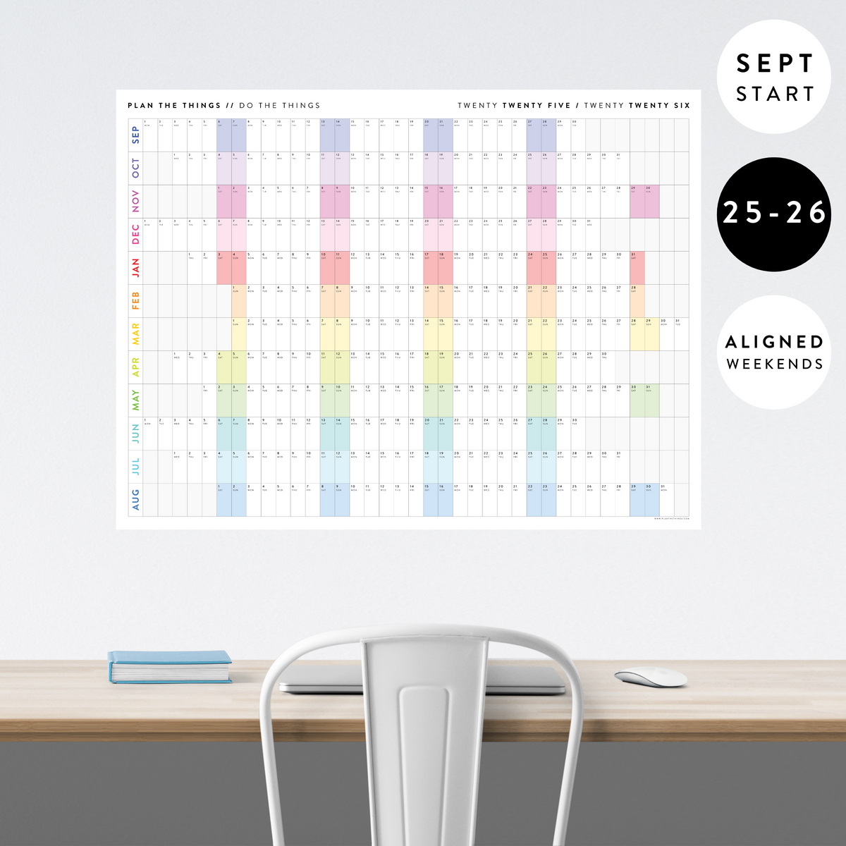 NEW! PRINTABLE SEPTEMBER START 2025 - 2026 HORIZONTAL ACADEMIC WALL CALENDAR WITH ALIGNED WEEKENDS - INSTANT DOWNLOAD PRINT UP TO 48" x 36"