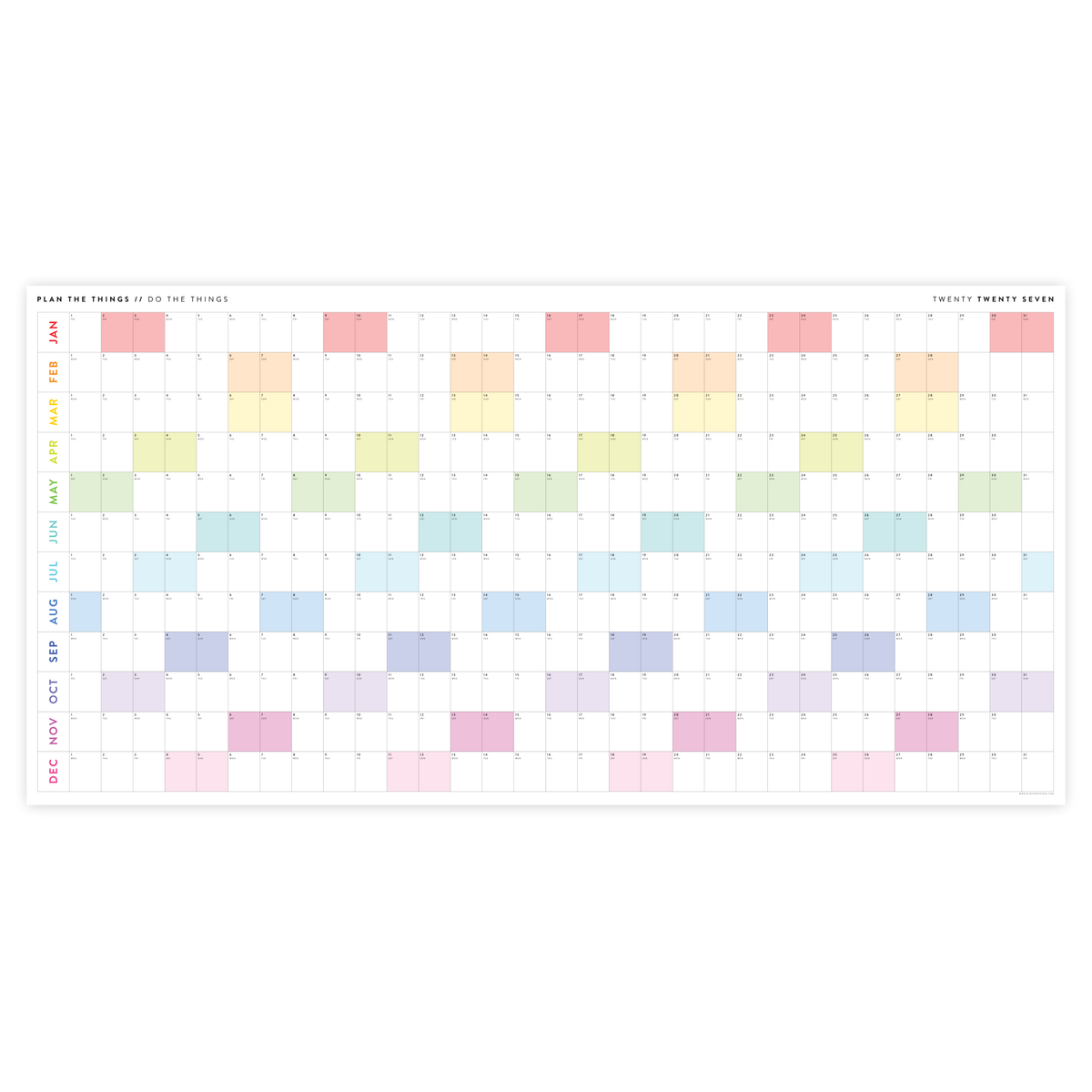 PRINTABLE 6' x 3' MASSIVE 2027 SIMPLIFIED  WALL CALENDAR WITH RAINBOW WEEKENDS - INSTANT DOWNLOAD