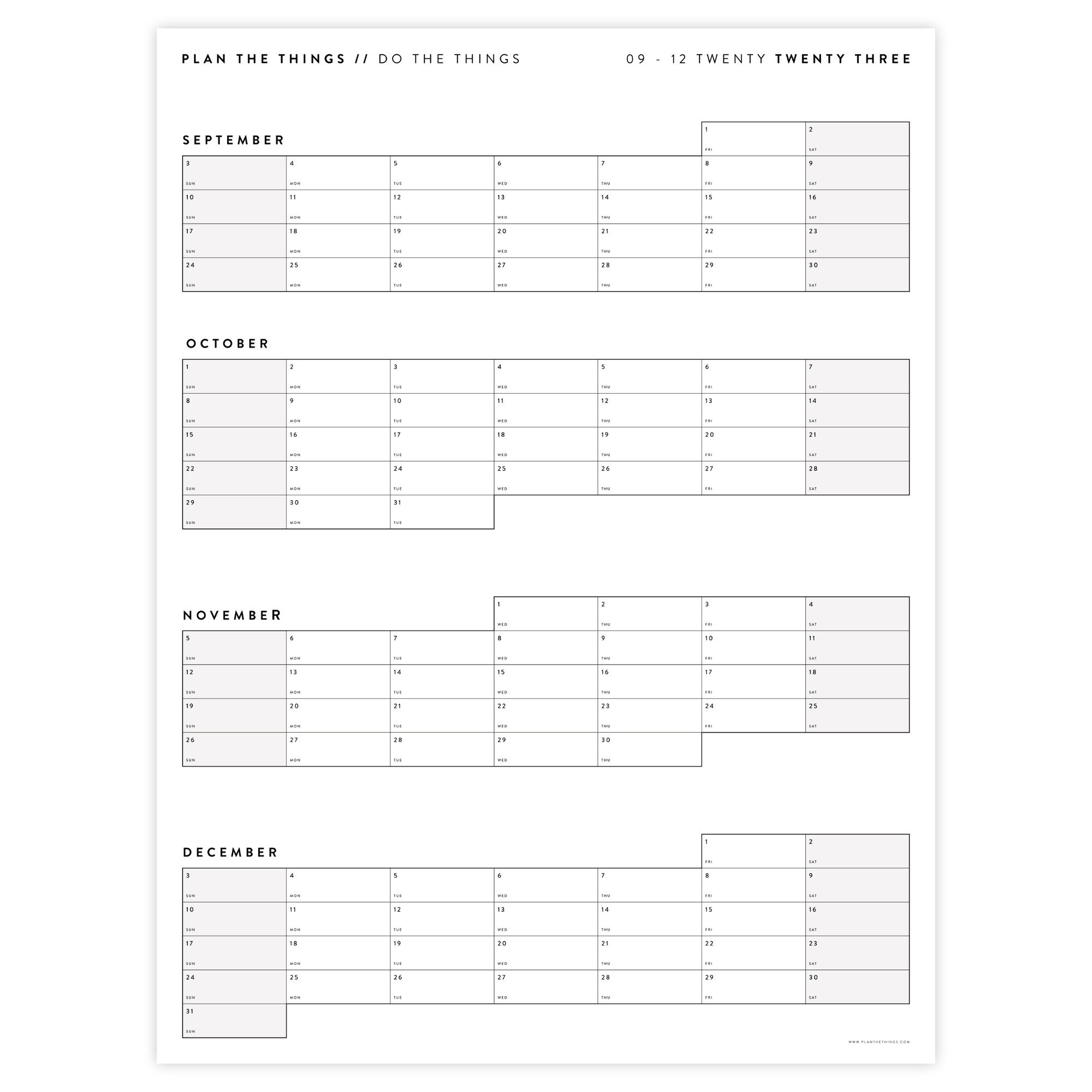 PRINTABLE 2023 FOUR MONTH WALL CALENDAR - SEPTEMBER - DECEMBER 2023 SUNDAY START - INSTANT DOWNLOAD (GRAY)