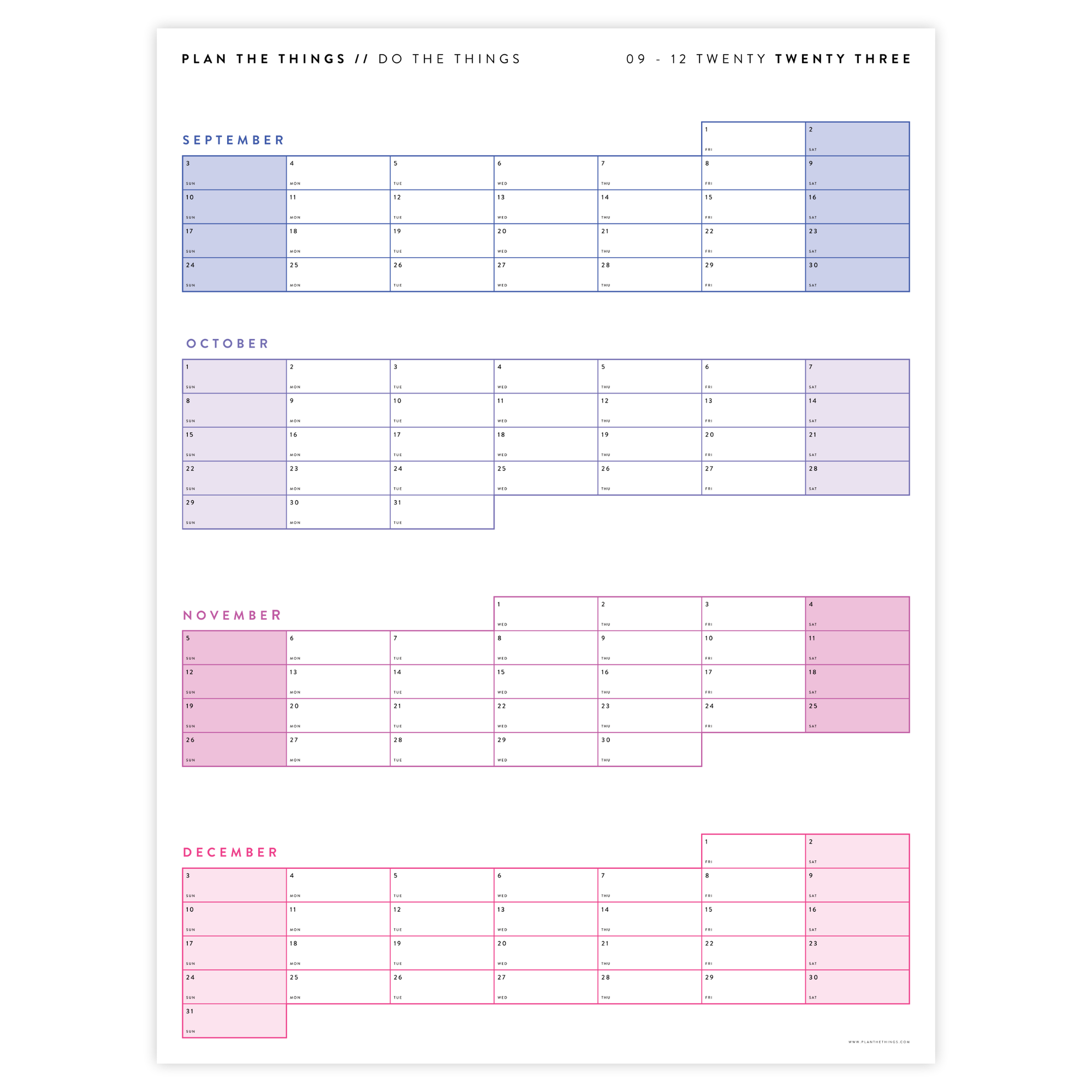 PRINTABLE 2023 FOUR MONTH WALL CALENDAR - SEPTEMBER - DECEMBER 2023 SUNDAY START - INSTANT DOWNLOAD (RAINBOW)