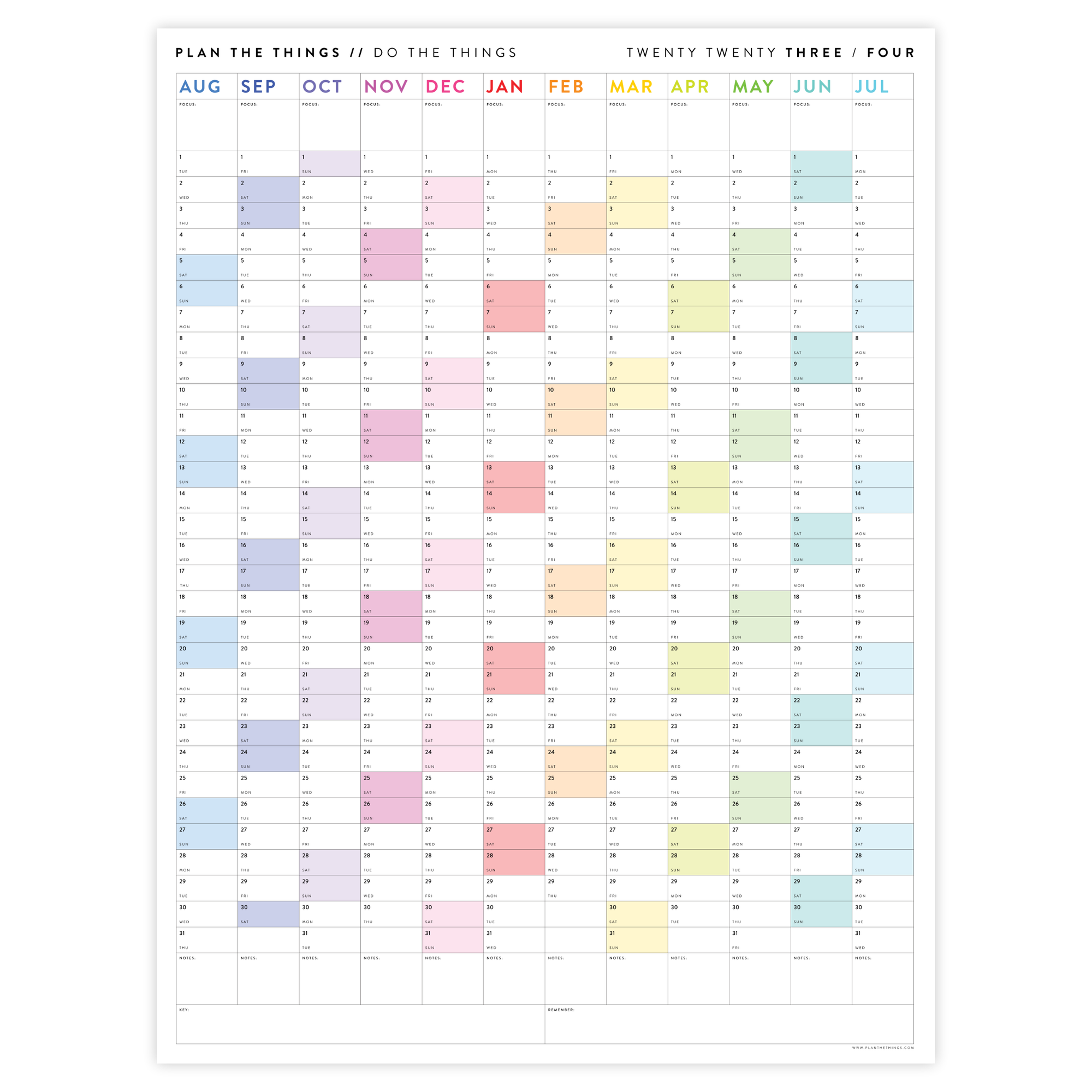 PRINTABLE 2023 / 2024 ACADEMIC WALL CALENDAR (AUGUST START) | VERTICAL WITH RAINBOW WEEKENDS - INSTANT DOWNLOAD