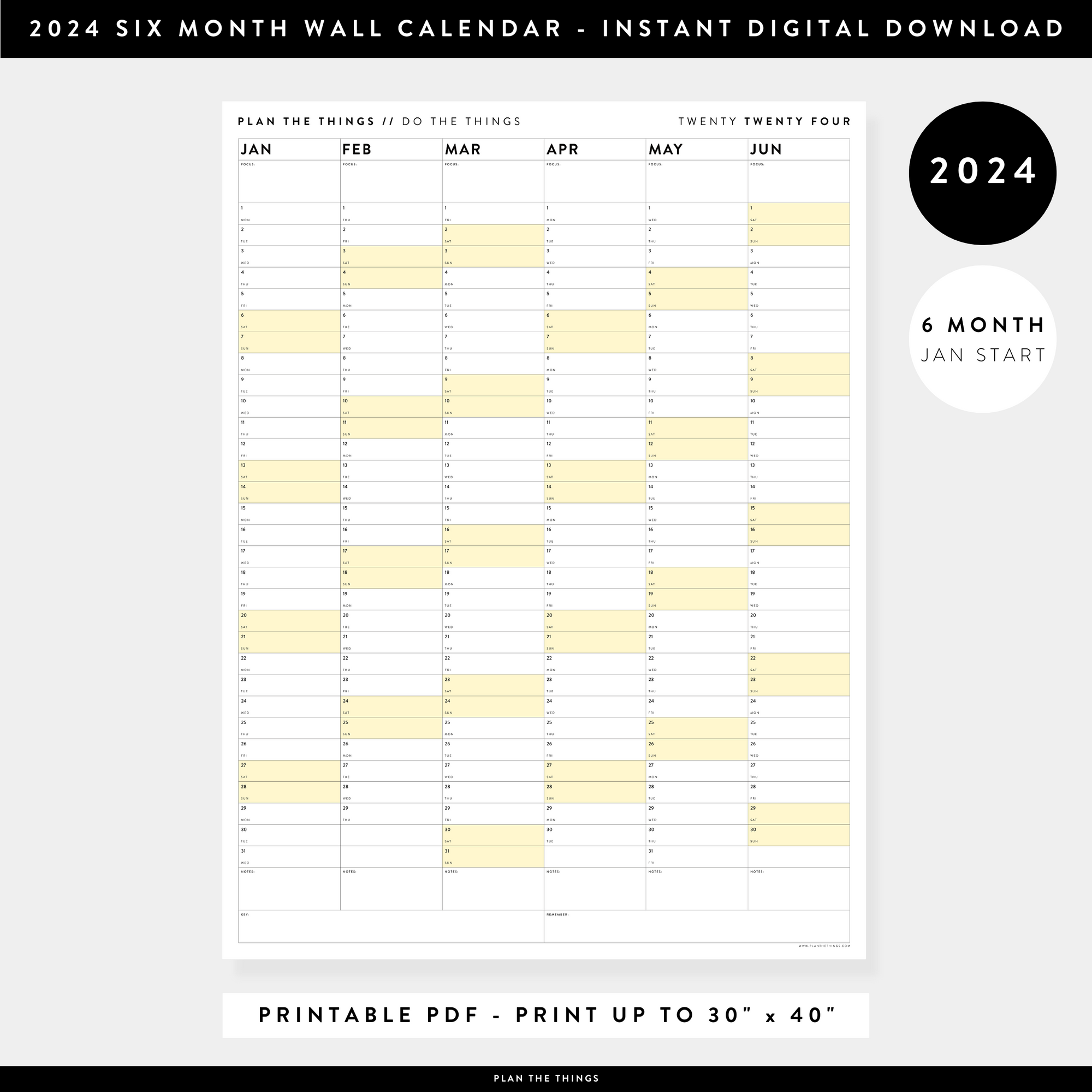 PRINTABLE SIX MONTH 2024 WALL CALENDAR (JANUARY TO JUNE) WITH YELLOW WEEKENDS - INSTANT DOWNLOAD