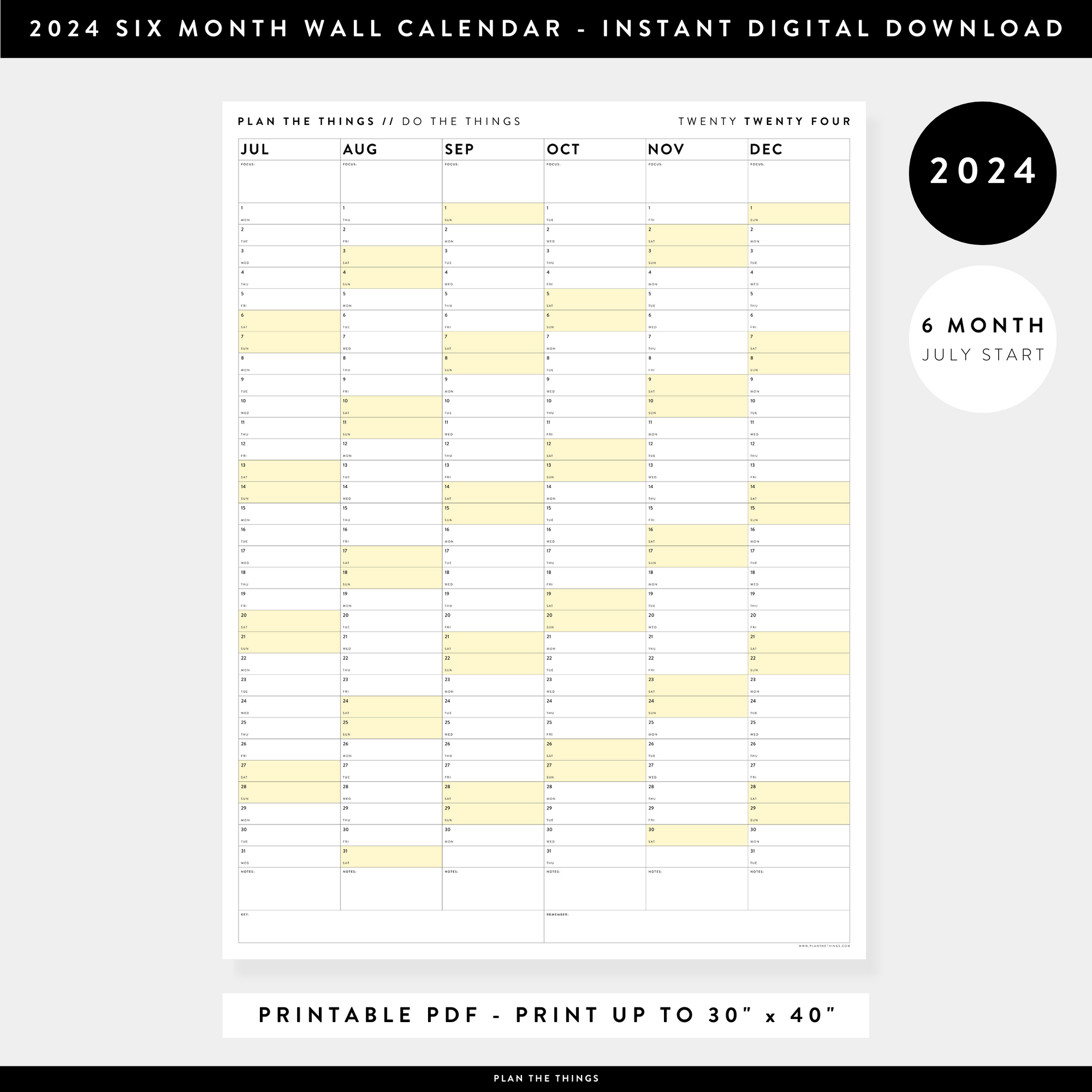 PRINTABLE SIX MONTH 2024 WALL CALENDAR (JULY TO DECEMBER) WITH YELLOW WEEKENDS - INSTANT DOWNLOAD