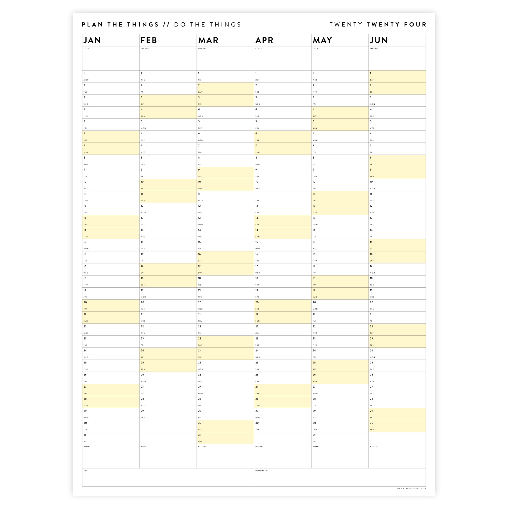 SIX MONTH 2024 GIANT WALL CALENDAR (JANUARY TO JUNE)  WITH YELLOW WEEKENDS