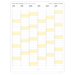 SIX MONTH 2024 GIANT WALL CALENDAR (JANUARY TO JUNE)  WITH YELLOW WEEKENDS