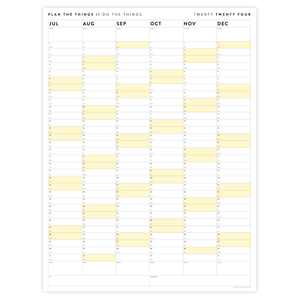 SIX MONTH 2024 GIANT WALL CALENDAR (JULY TO DECEMBER) WITH YELLOW WEEKENDS