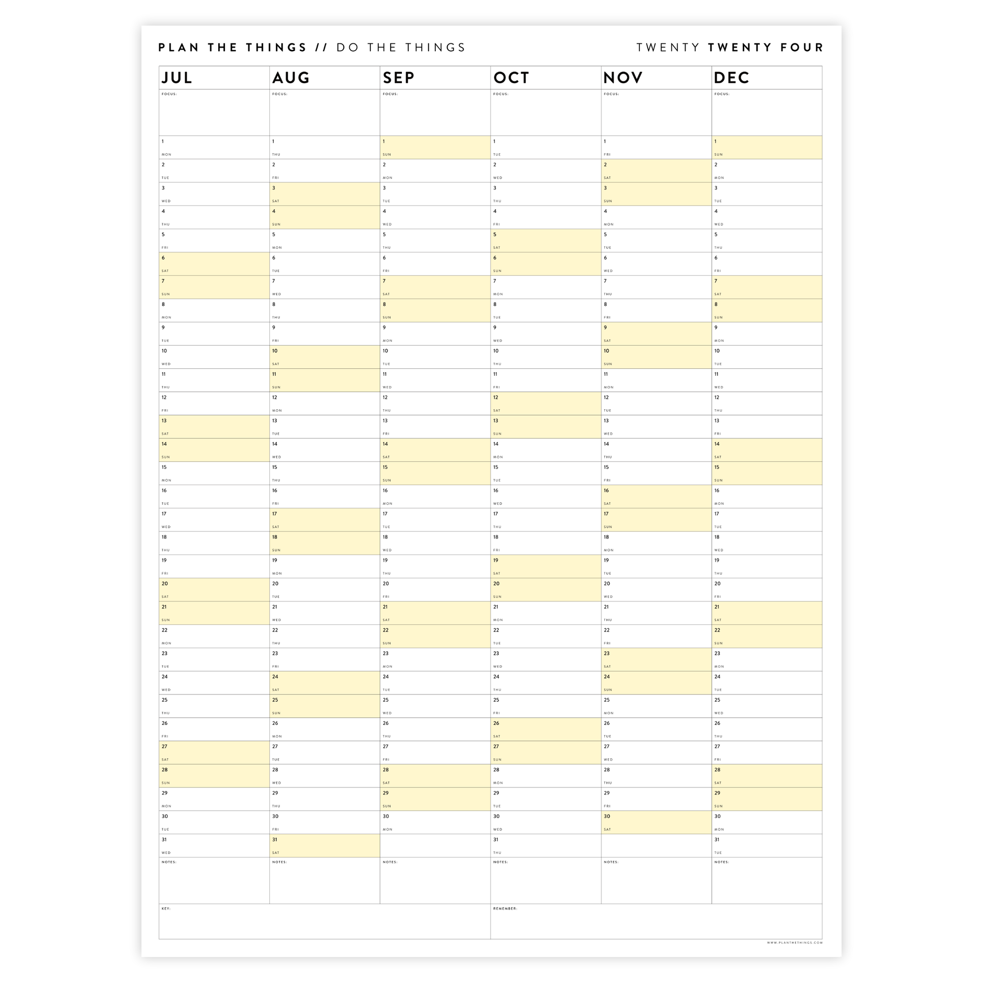 PRINTABLE SIX MONTH 2024 WALL CALENDAR (JULY TO DECEMBER) WITH YELLOW WEEKENDS - INSTANT DOWNLOAD