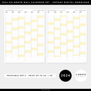 PRINTABLE SIX MONTH 2024 WALL CALENDAR SET WITH YELLOW WEEKENDS - INSTANT DOWNLOAD