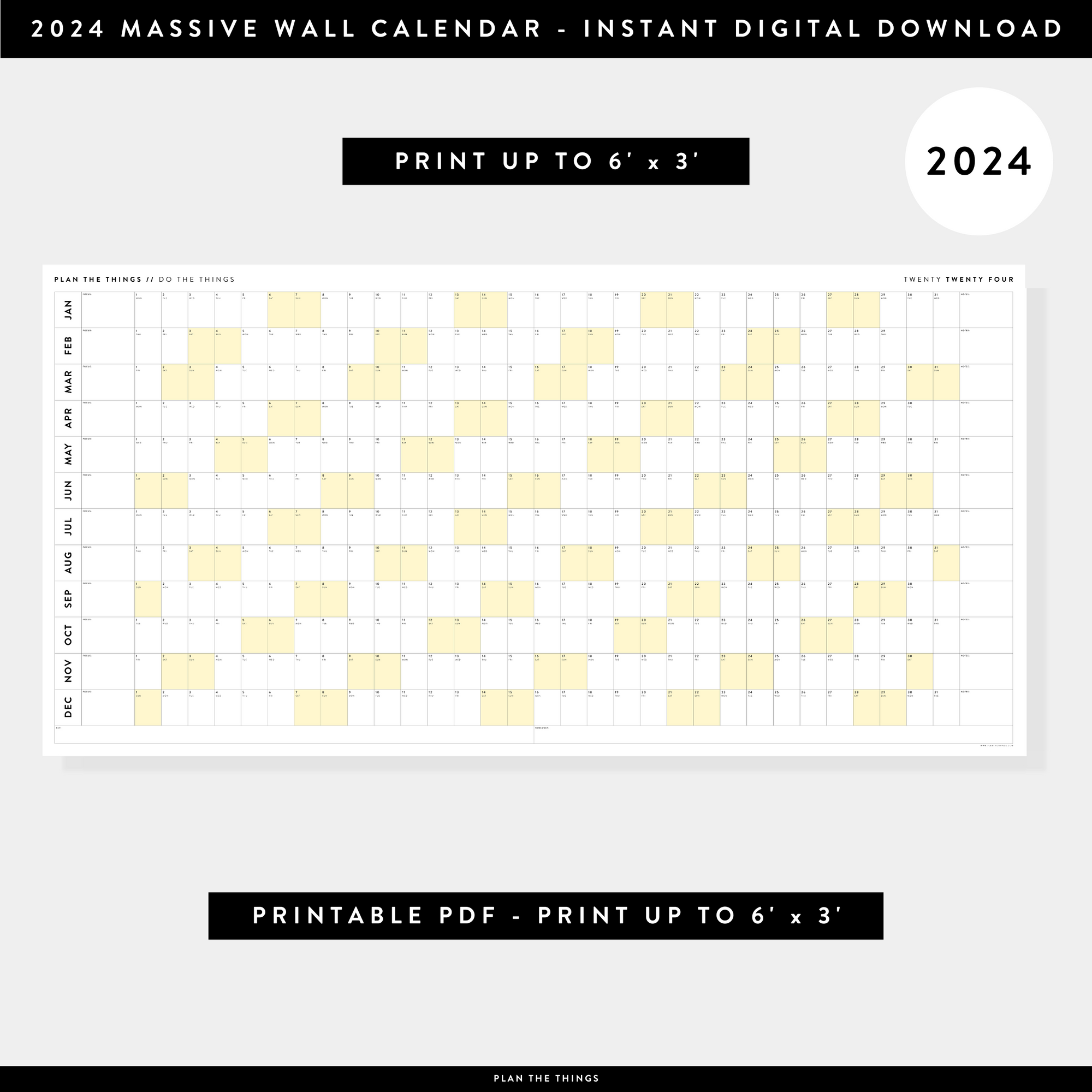 PRINTABLE 6' x 3' MASSIVE 2024 WALL CALENDAR WITH YELLOW WEEKENDS - INSTANT DOWNLOAD