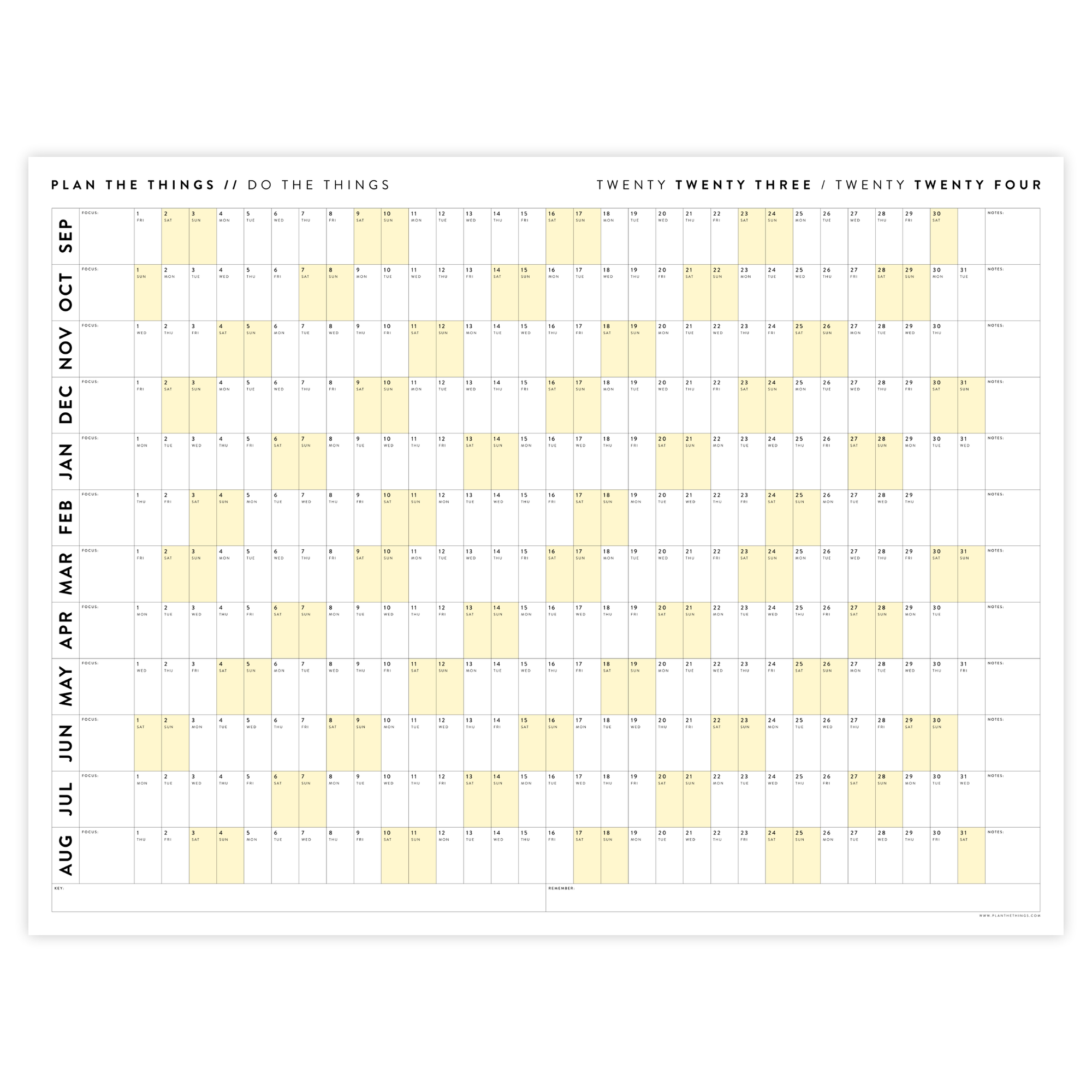 PRINTABLE 2023 / 2024 ACADEMIC WALL CALENDAR (SEPTEMBER START) | HORIZONTAL WITH YELLOW WEEKENDS - INSTANT DOWNLOAD