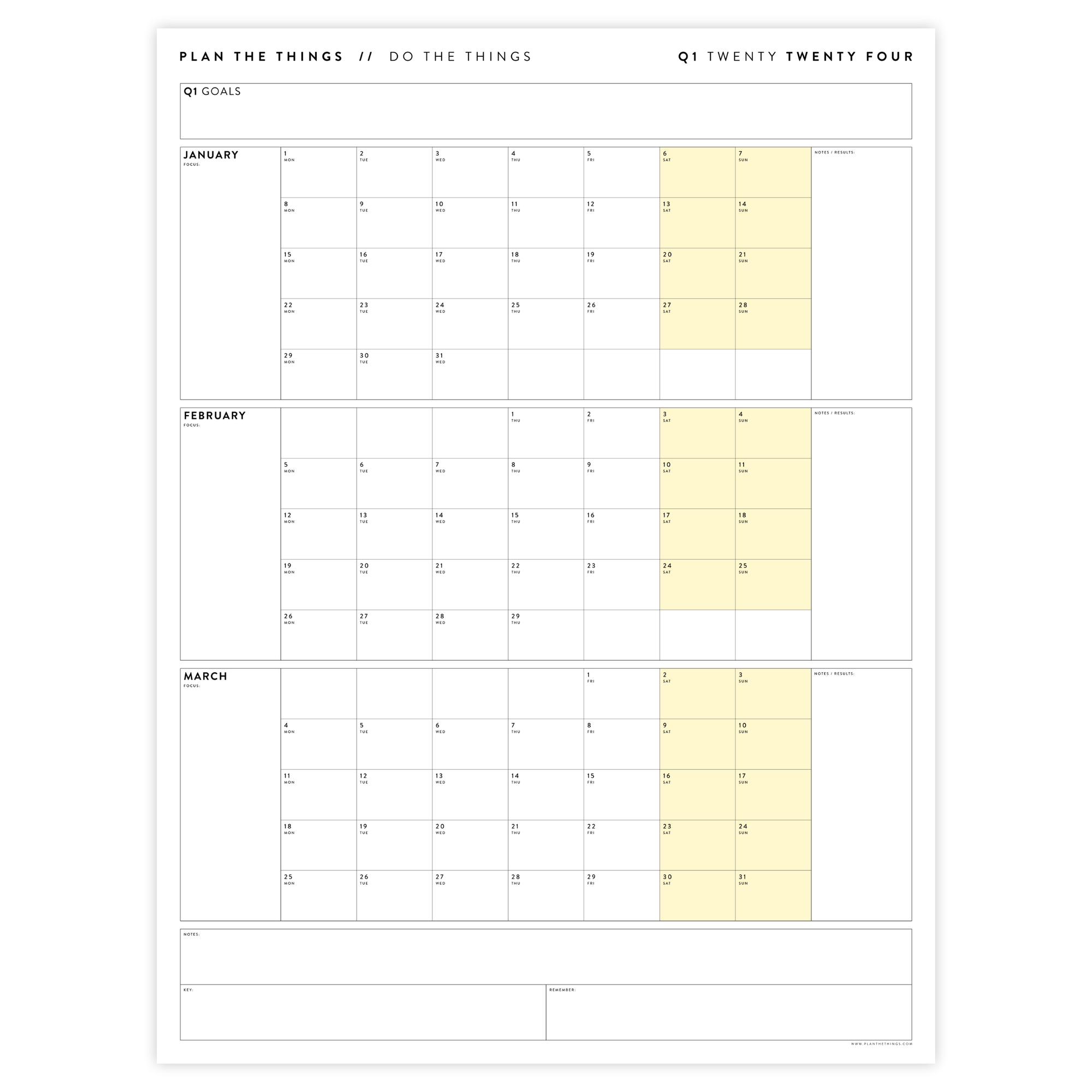 PRINTABLE Q1 (JANUARY - MARCH) 2024 QUARTERLY WALL CALENDAR (YELLOW) - INSTANT DOWNLOAD