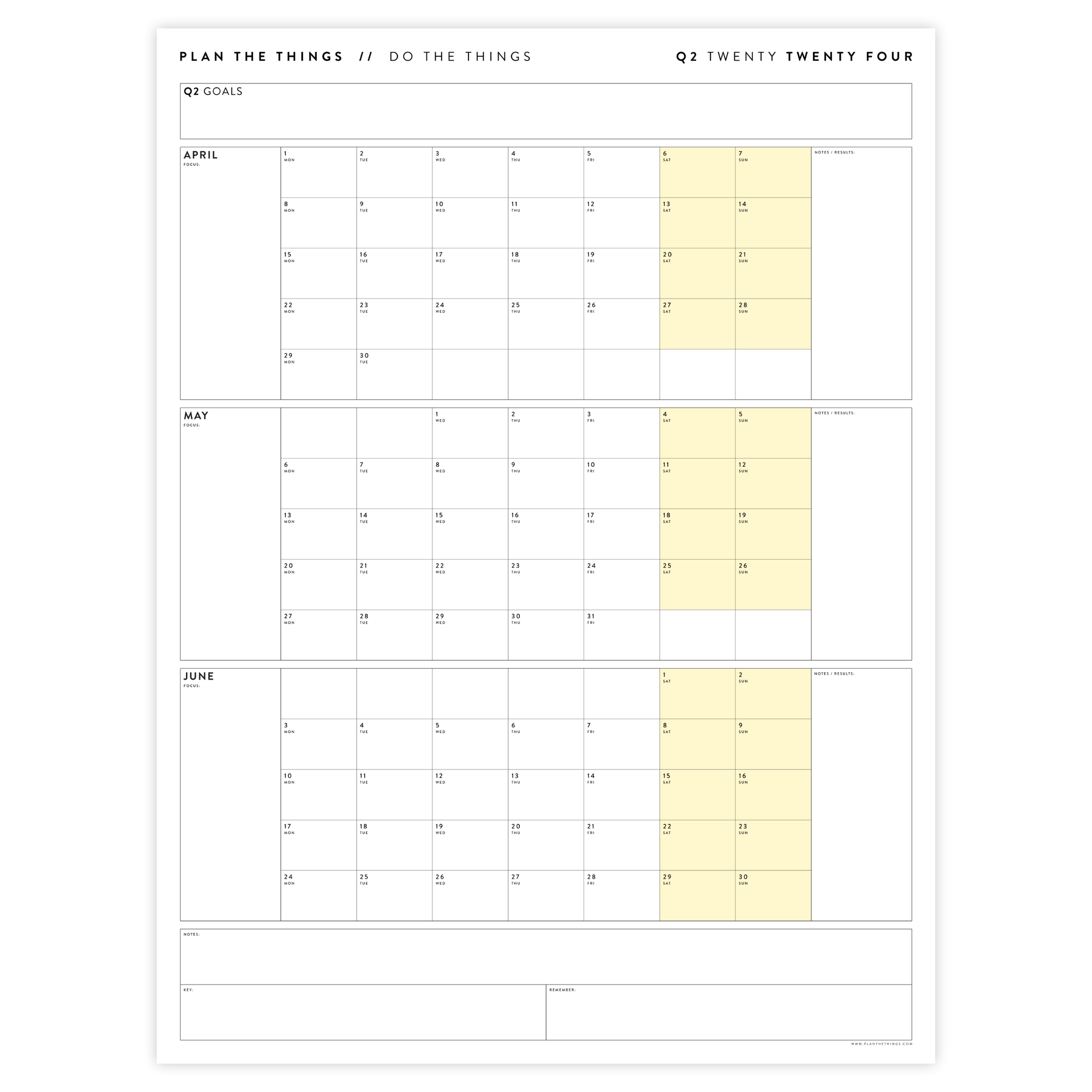 Q2 2024 QUARTERLY GIANT WALL CALENDAR (APRIL - JUNE 2024) - YELLOW WEEKENDS