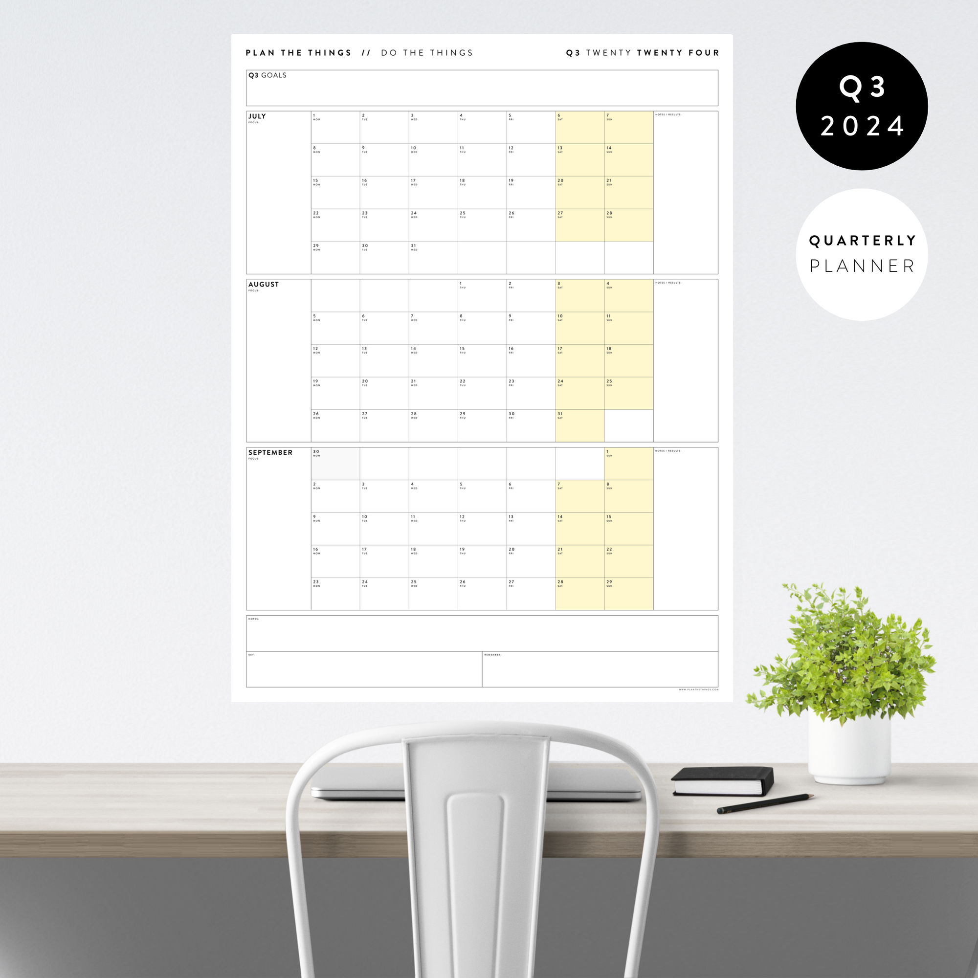 Q3 2024 QUARTERLY GIANT WALL CALENDAR (JULY - SEPTEMBER 2024) - YELLOW WEEKENDS