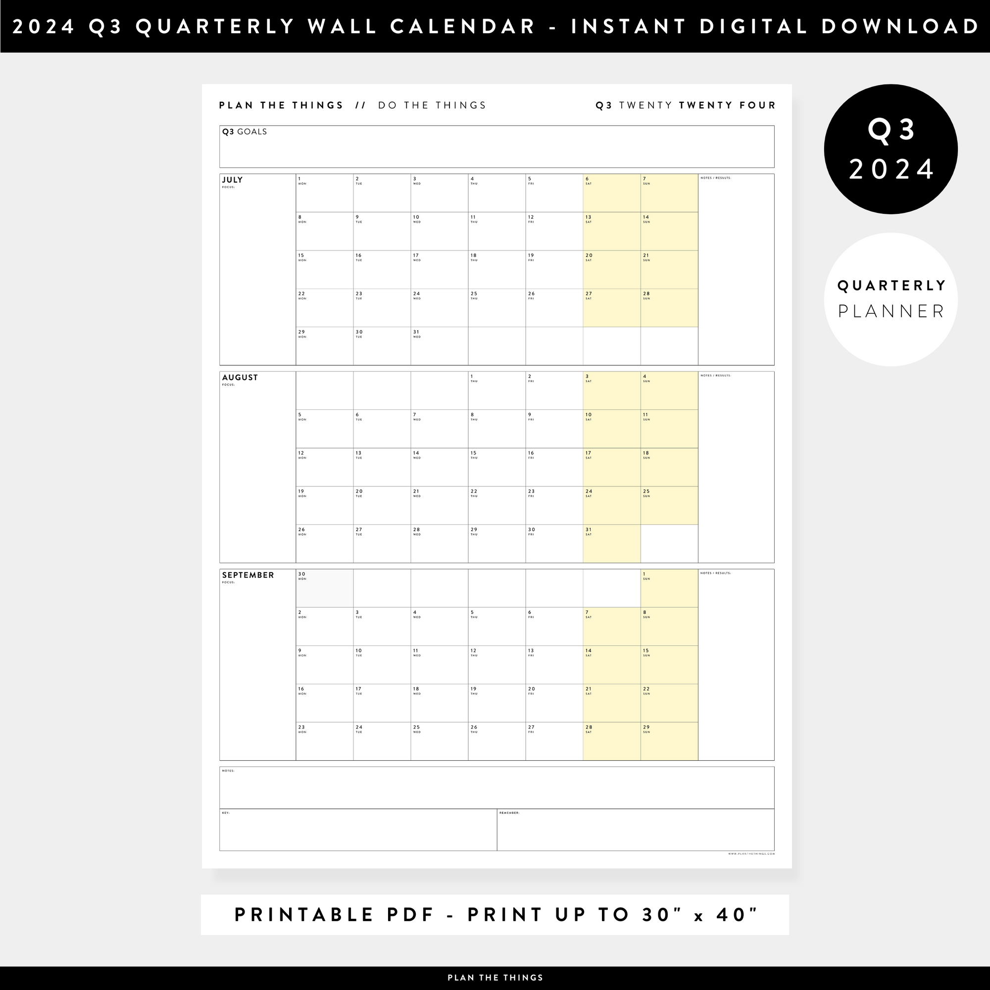 PRINTABLE Q3 (JULY - SEPTEMBER) 2024 QUARTERLY WALL CALENDAR (YELLOW) - INSTANT PDF DOWNLOAD