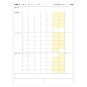 PRINTABLE Q4 (OCTOBER - DECEMBER) 2024 QUARTERLY WALL CALENDAR (YELLOW) - INSTANT PDF DOWNLOAD