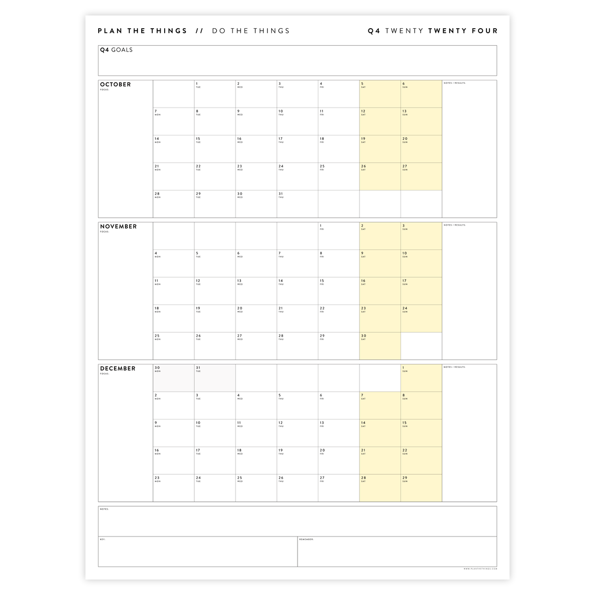 Q4 2024 QUARTERLY GIANT WALL CALENDAR (OCTOBER - DECEMBER 2024) - YELLOW WEEKENDS