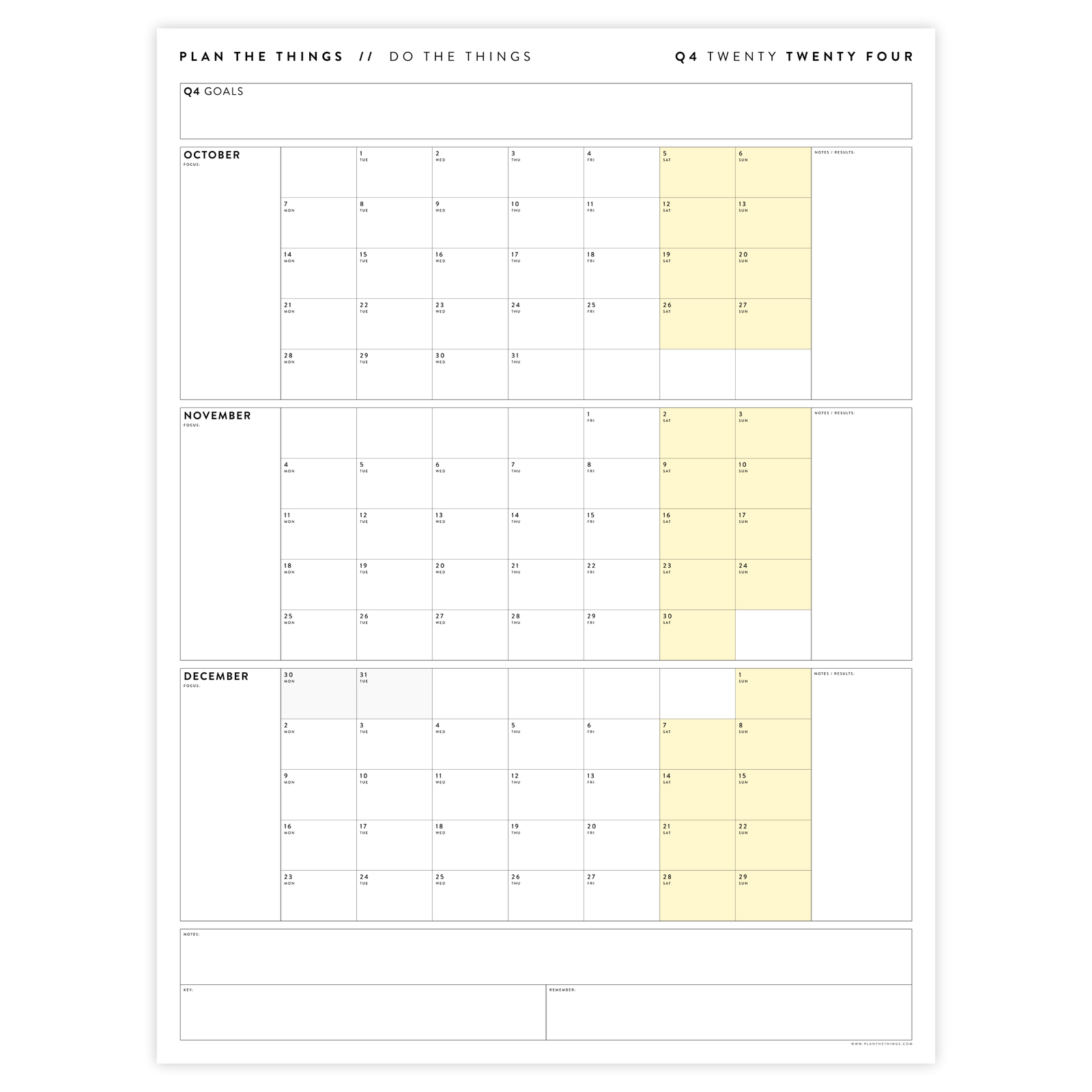 Q4 2024 QUARTERLY GIANT WALL CALENDAR (OCTOBER - DECEMBER 2024) - YELLOW WEEKENDS