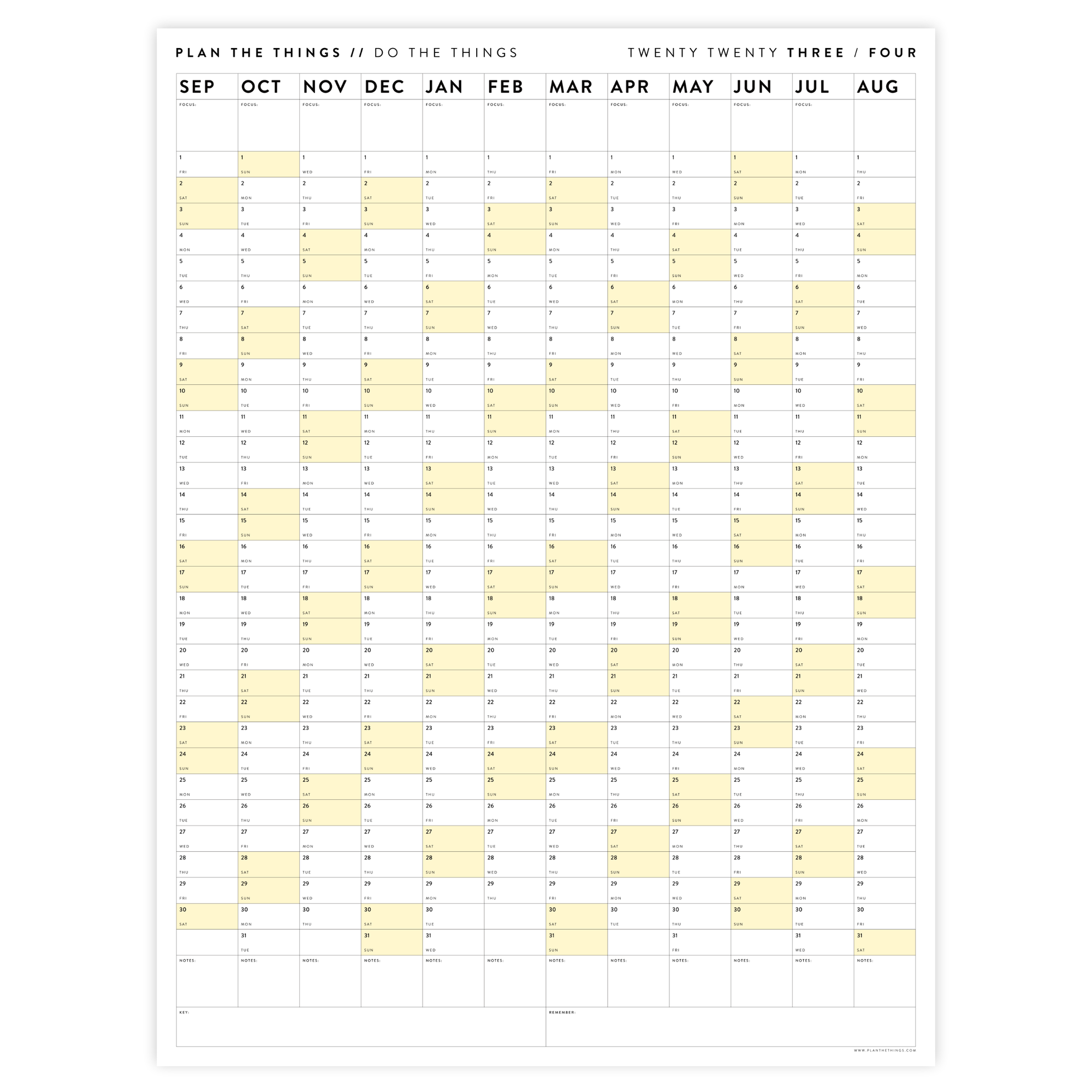 PRINTABLE 2023 / 2024 ACADEMIC WALL CALENDAR (SEPTEMBER START) | VERTICAL WITH YELLOW WEEKENDS - INSTANT DOWNLOAD