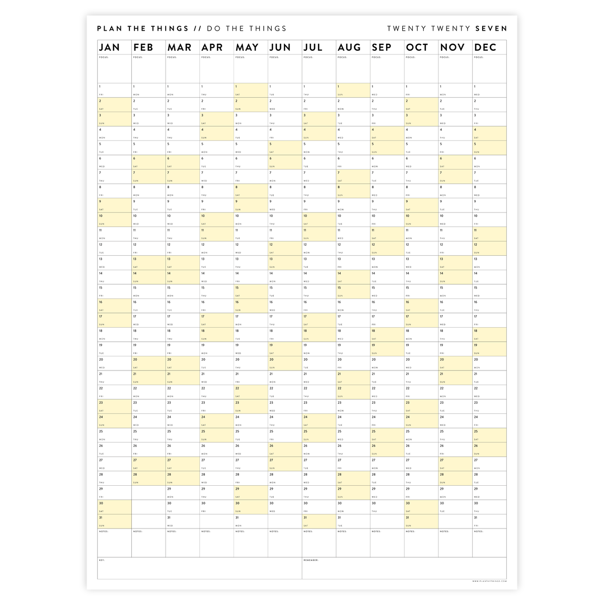 PRINTABLE VERTICAL 2027 WALL CALENDAR WITH YELLOW WEEKENDS - INSTANT DOWNLOAD