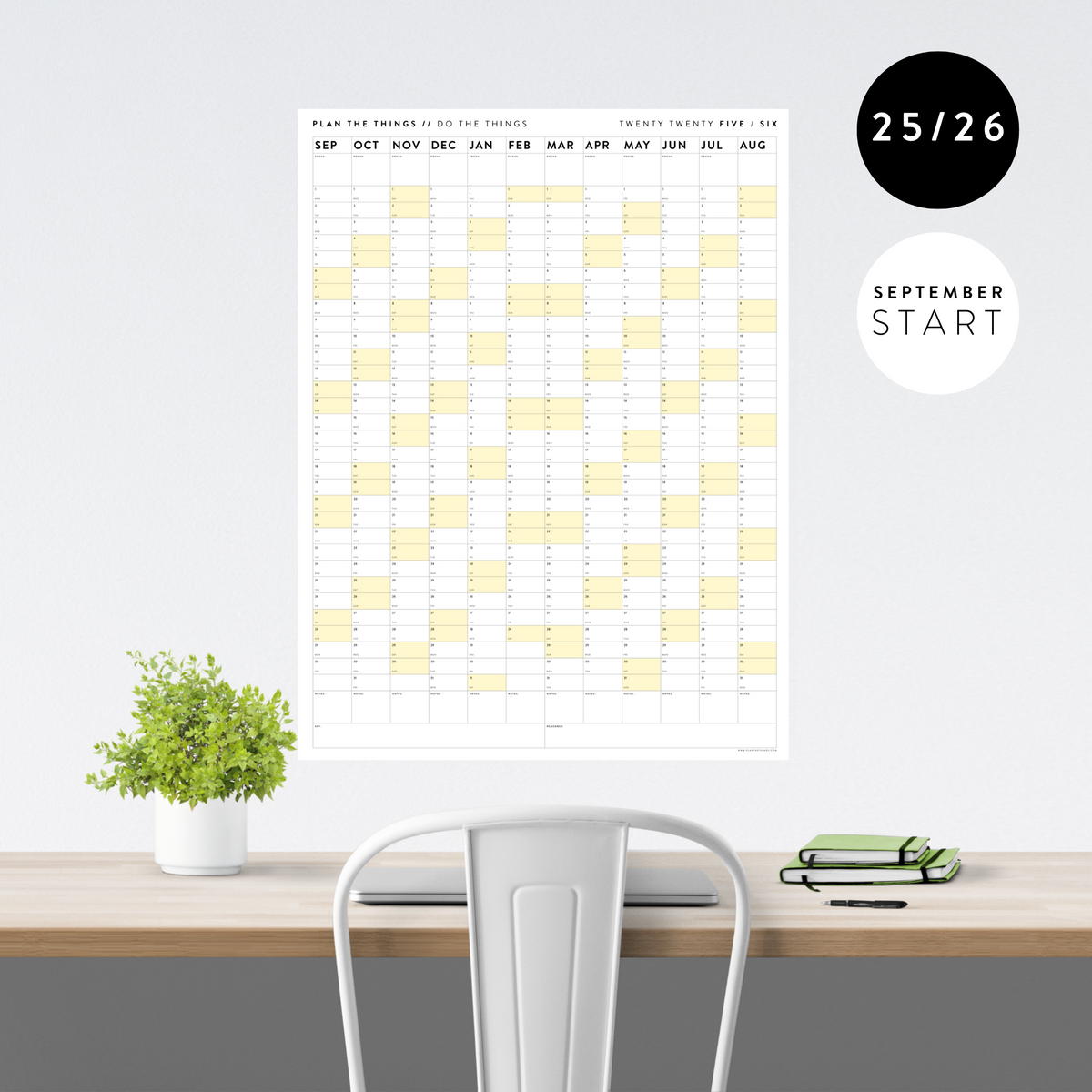 PRINTABLE 2025 - 2026 ACADEMIC WALL CALENDAR (SEPTEMBER START) | VERTICAL WITH YELLOW WEEKENDS - INSTANT DOWNLOAD