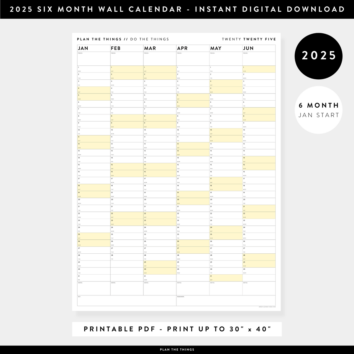 PRINTABLE SIX MONTH 2025 WALL CALENDAR (JANUARY TO JUNE) WITH YELLOW WEEKENDS - INSTANT DOWNLOAD
