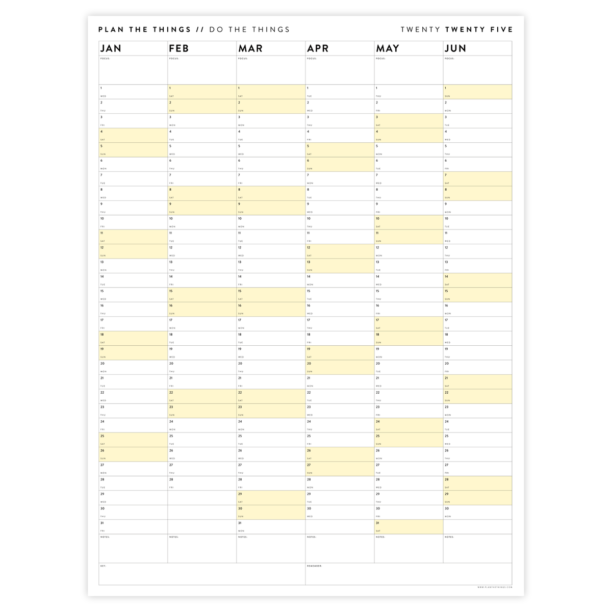 PRINTABLE SIX MONTH 2025 WALL CALENDAR SET WITH YELLOW WEEKENDS - INST - Plan The Things printable-six-month-2025-wall-calendar-set-with-yellow-weekends-inst-plan-the-things