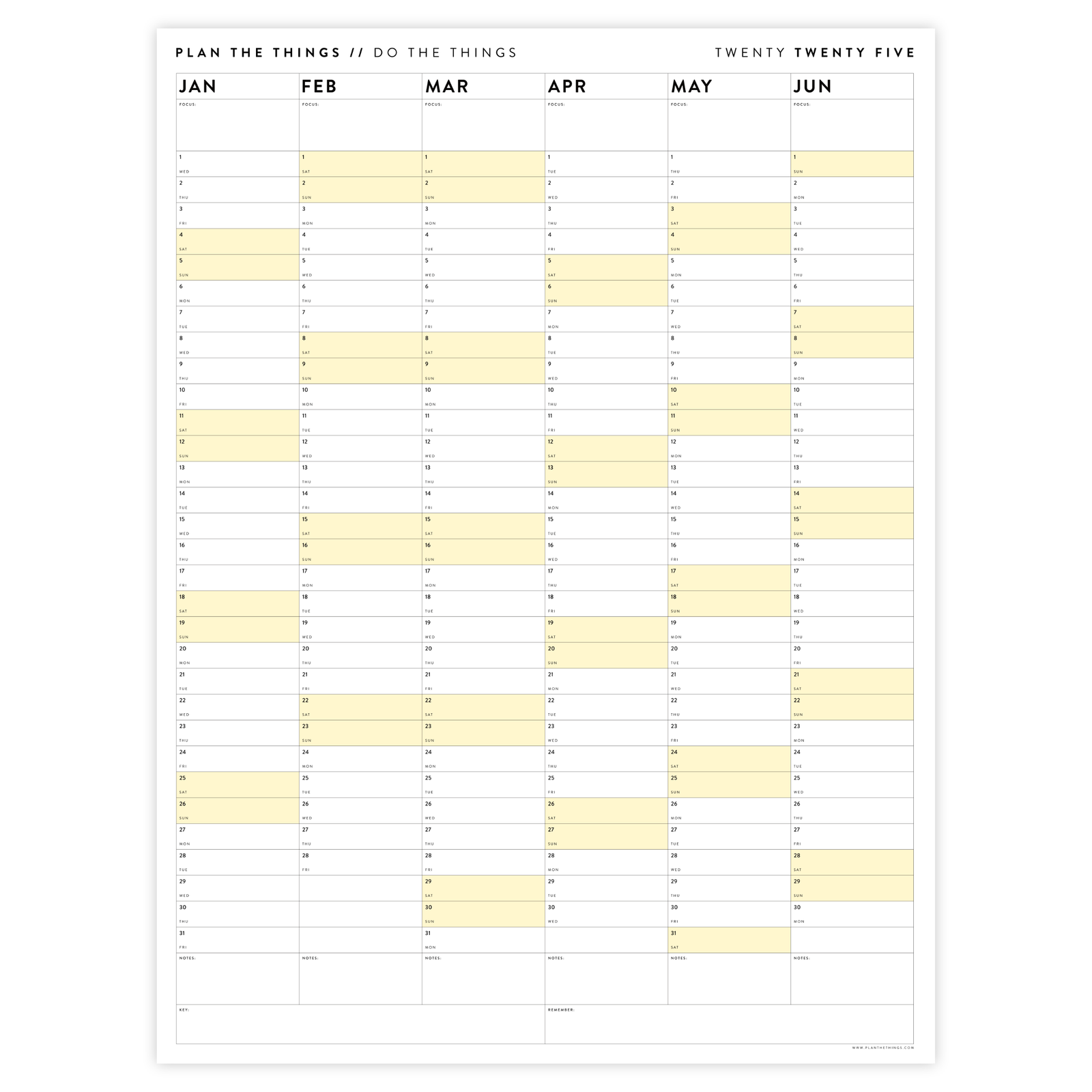 PRINTABLE SIX MONTH 2025 WALL CALENDAR SET WITH YELLOW WEEKENDS - INSTANT DOWNLOAD