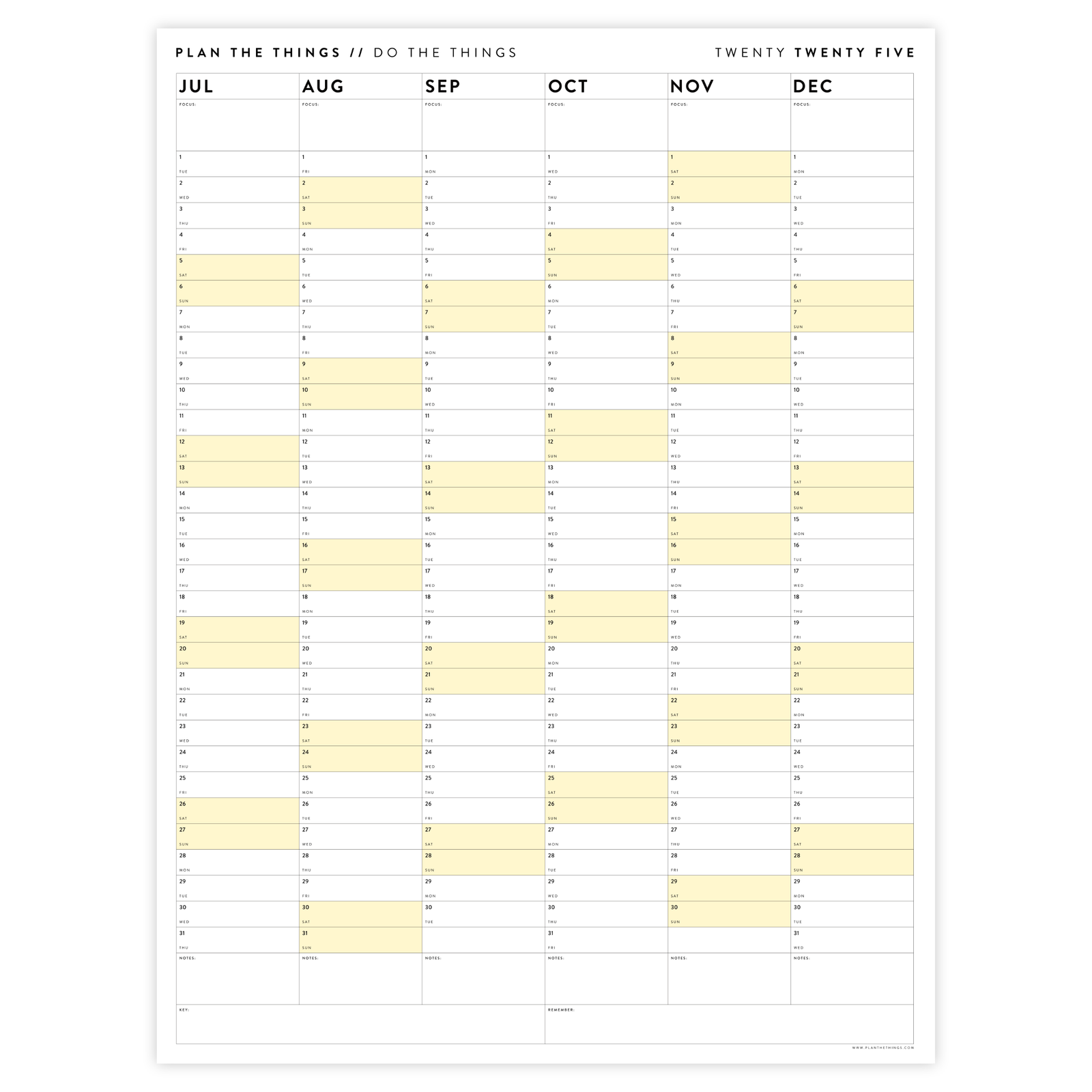 SIX MONTH 2025 GIANT WALL CALENDAR (JULY TO DECEMBER) WITH YELLOW WEEKENDS