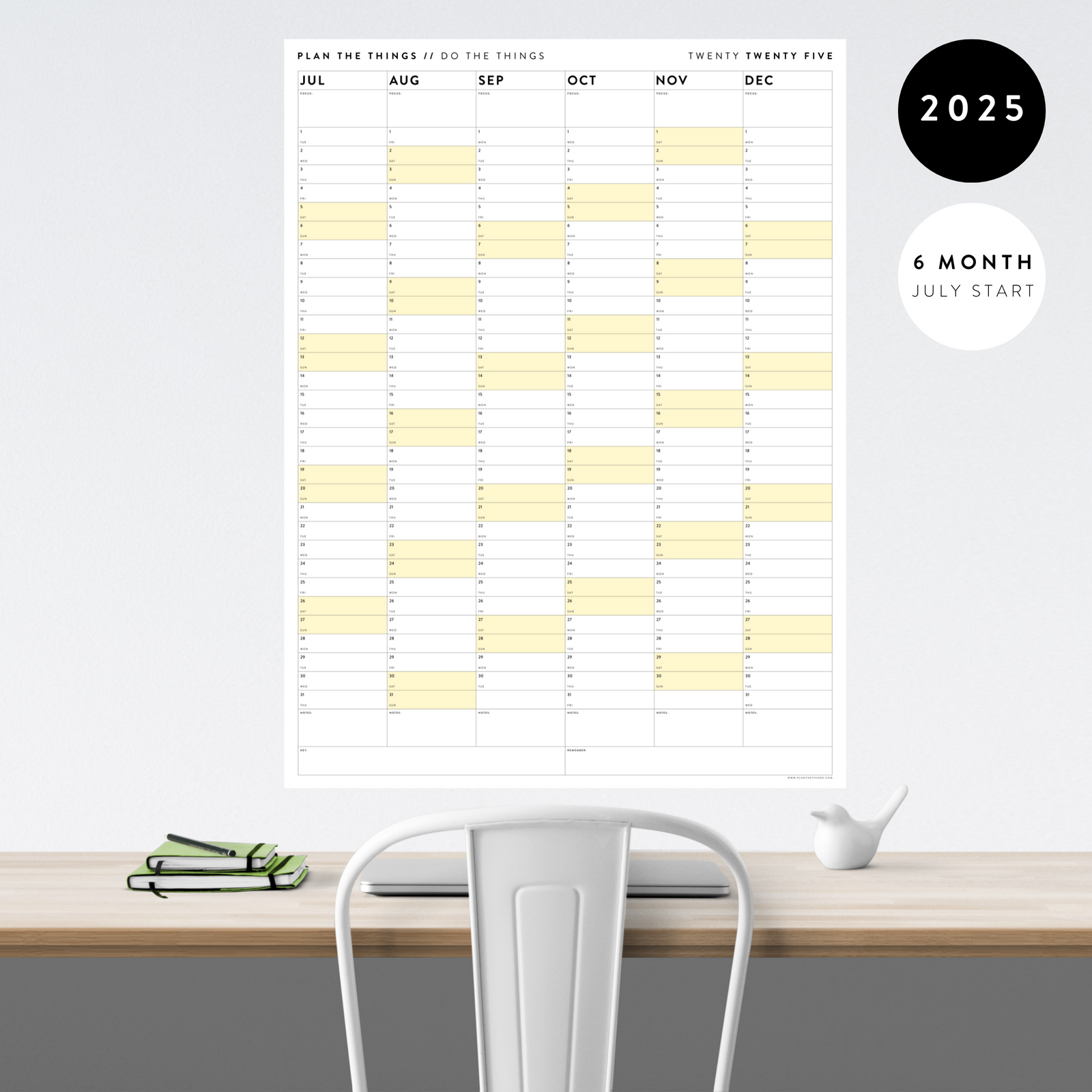 SIX MONTH 2025 GIANT WALL CALENDAR (JULY TO DECEMBER) WITH YELLOW WEEKENDS