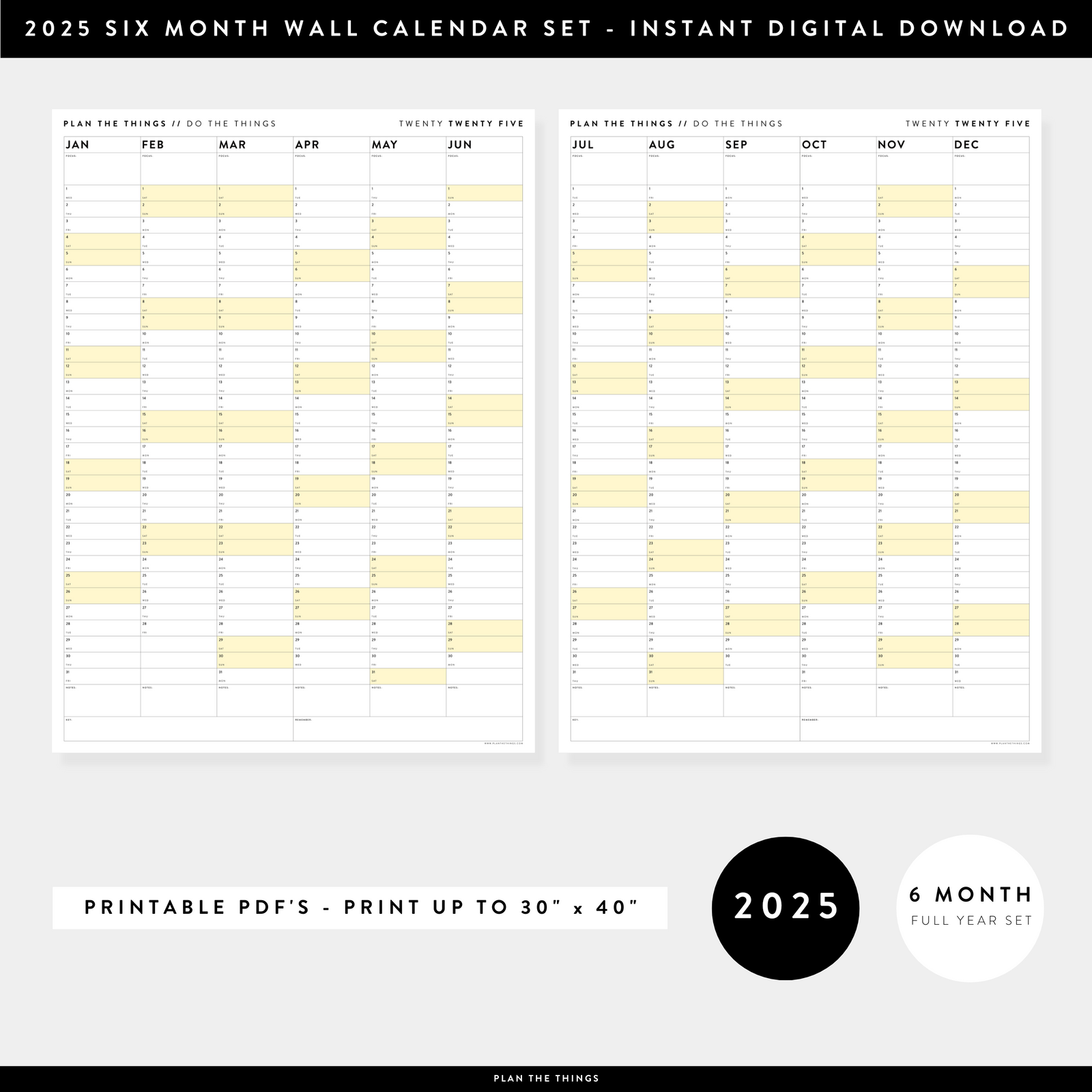 PRINTABLE SIX MONTH 2025 WALL CALENDAR SET WITH YELLOW WEEKENDS - INSTANT DOWNLOAD