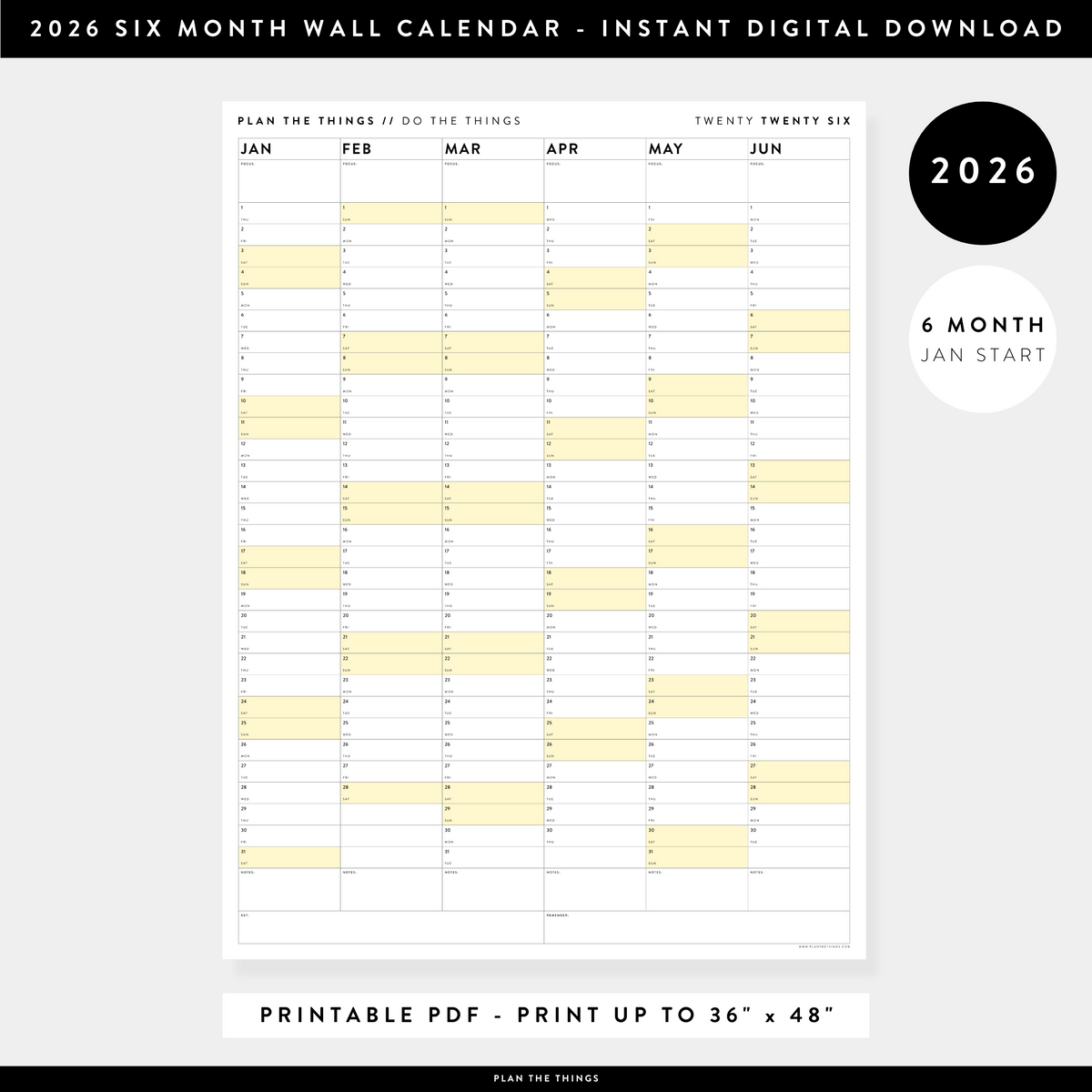 PRINTABLE SIX MONTH 2026 WALL CALENDAR (JANUARY TO JUNE) WITH YELLOW WEEKENDS - INSTANT DOWNLOAD