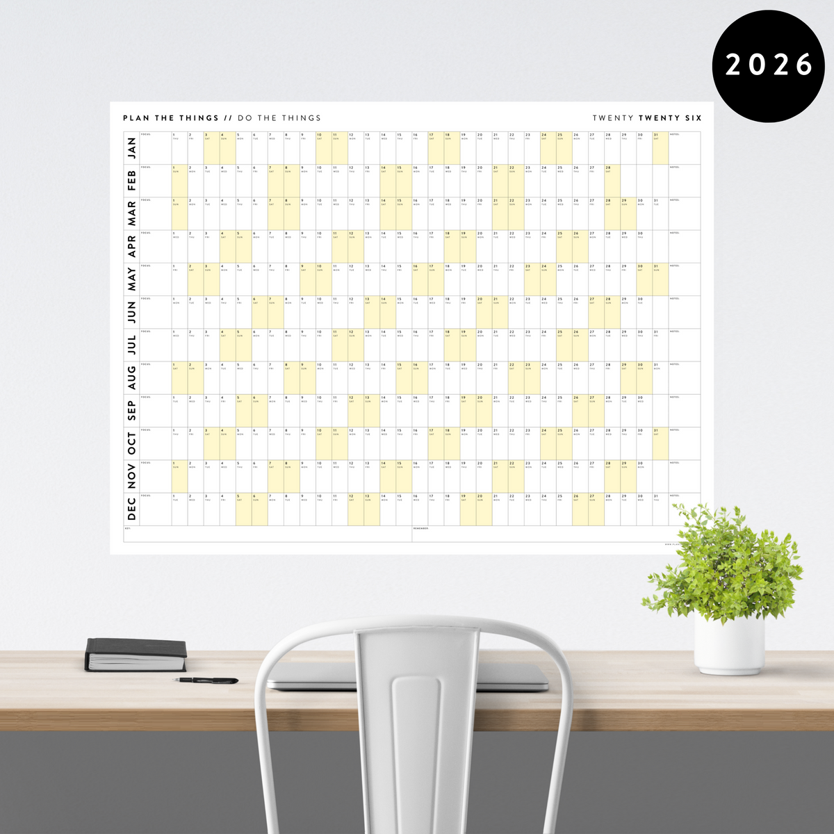 GIANT 2026 ANNUAL WALL CALENDAR | HORIZONTAL WITH YELLOW WEEKENDS