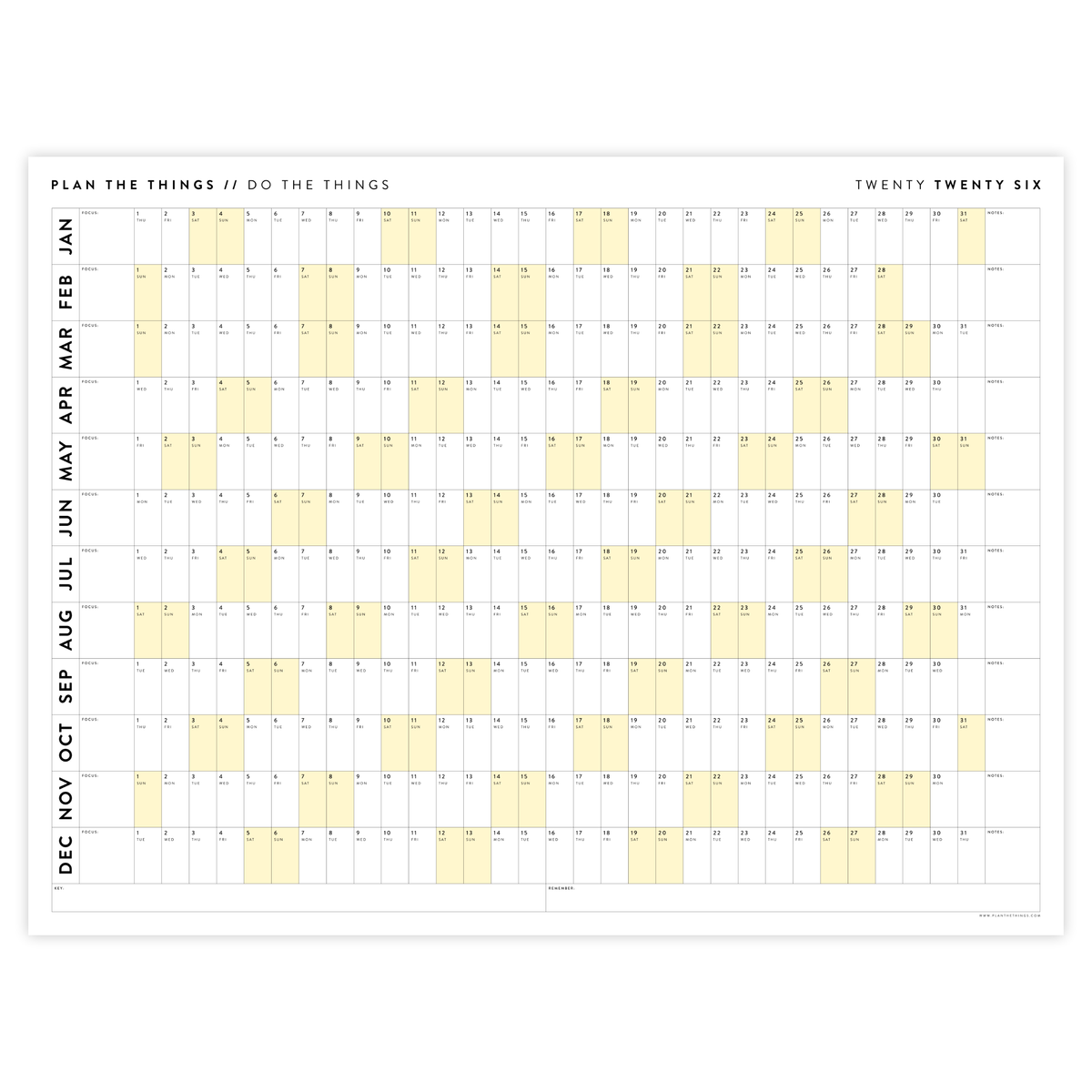 PRINTABLE 2026 HORIZONTAL WALL CALENDAR WITH YELLOW WEEKENDS - INSTANT DOWNLOAD