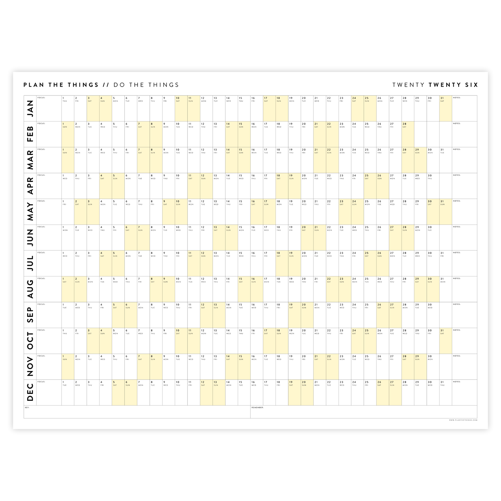 GIANT 2026 ANNUAL WALL CALENDAR | HORIZONTAL WITH YELLOW WEEKENDS