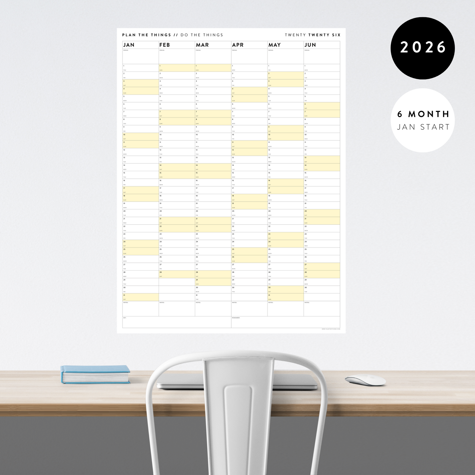 SIX MONTH 2026 GIANT WALL CALENDAR (JANUARY TO JUNE)  WITH YELLOW WEEKENDS