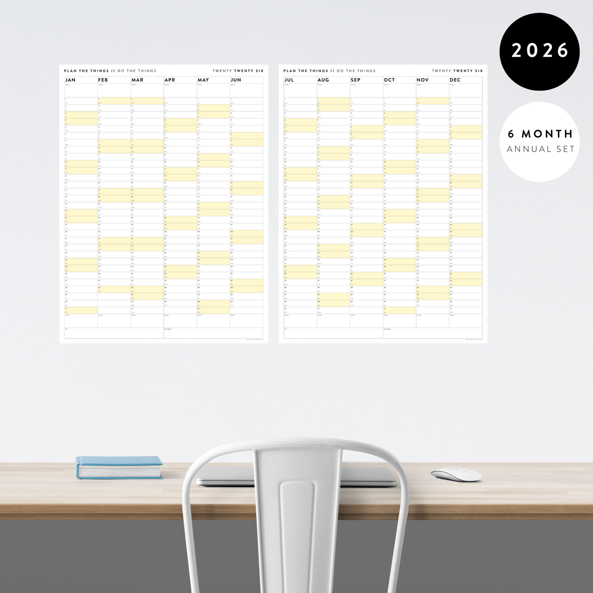 PRINTABLE SIX MONTH 2026 ACADEMIC YEAR WALL CALENDAR SET WITH YELLOW WEEKENDS - INSTANT DOWNLOAD