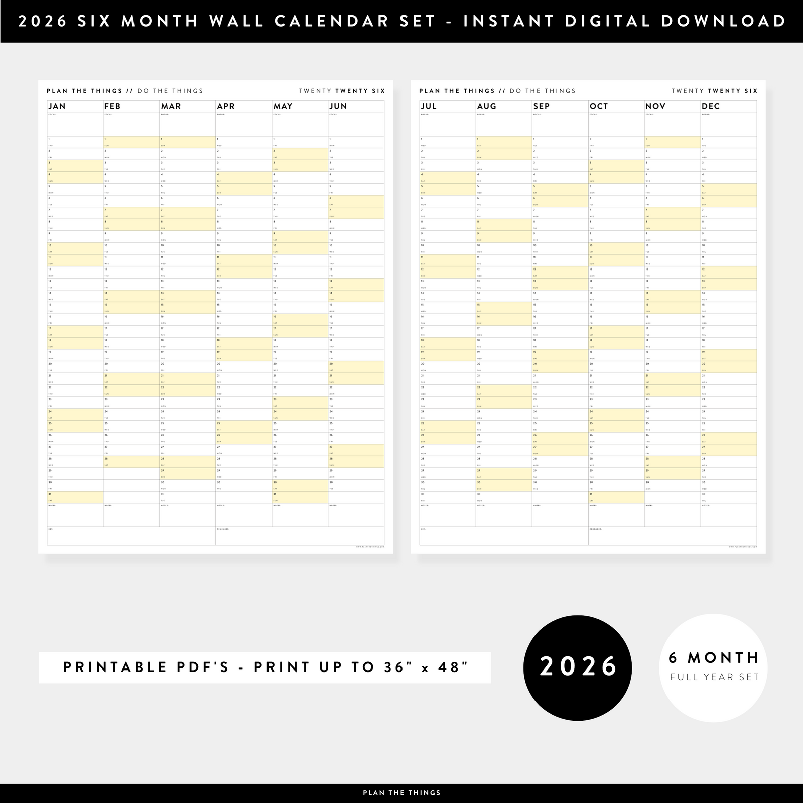 PRINTABLE SIX MONTH 2026 ACADEMIC YEAR WALL CALENDAR SET WITH YELLOW WEEKENDS - INSTANT DOWNLOAD