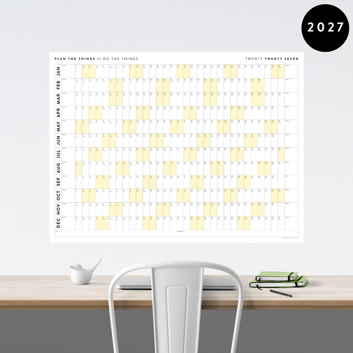 GIANT 2027 ANNUAL WALL CALENDAR | HORIZONTAL WITH YELLOW WEEKENDS