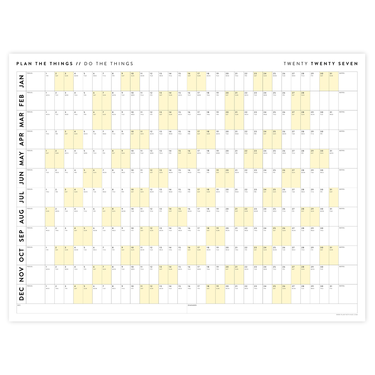 GIANT 2027 ANNUAL WALL CALENDAR | HORIZONTAL WITH YELLOW WEEKENDS