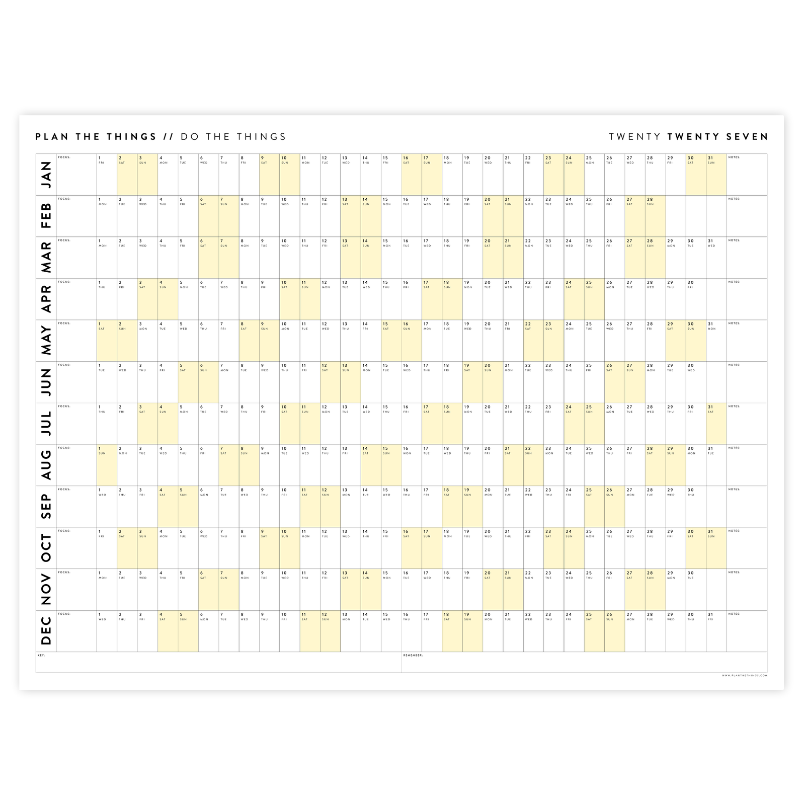 GIANT 2027 ANNUAL WALL CALENDAR | HORIZONTAL WITH YELLOW WEEKENDS